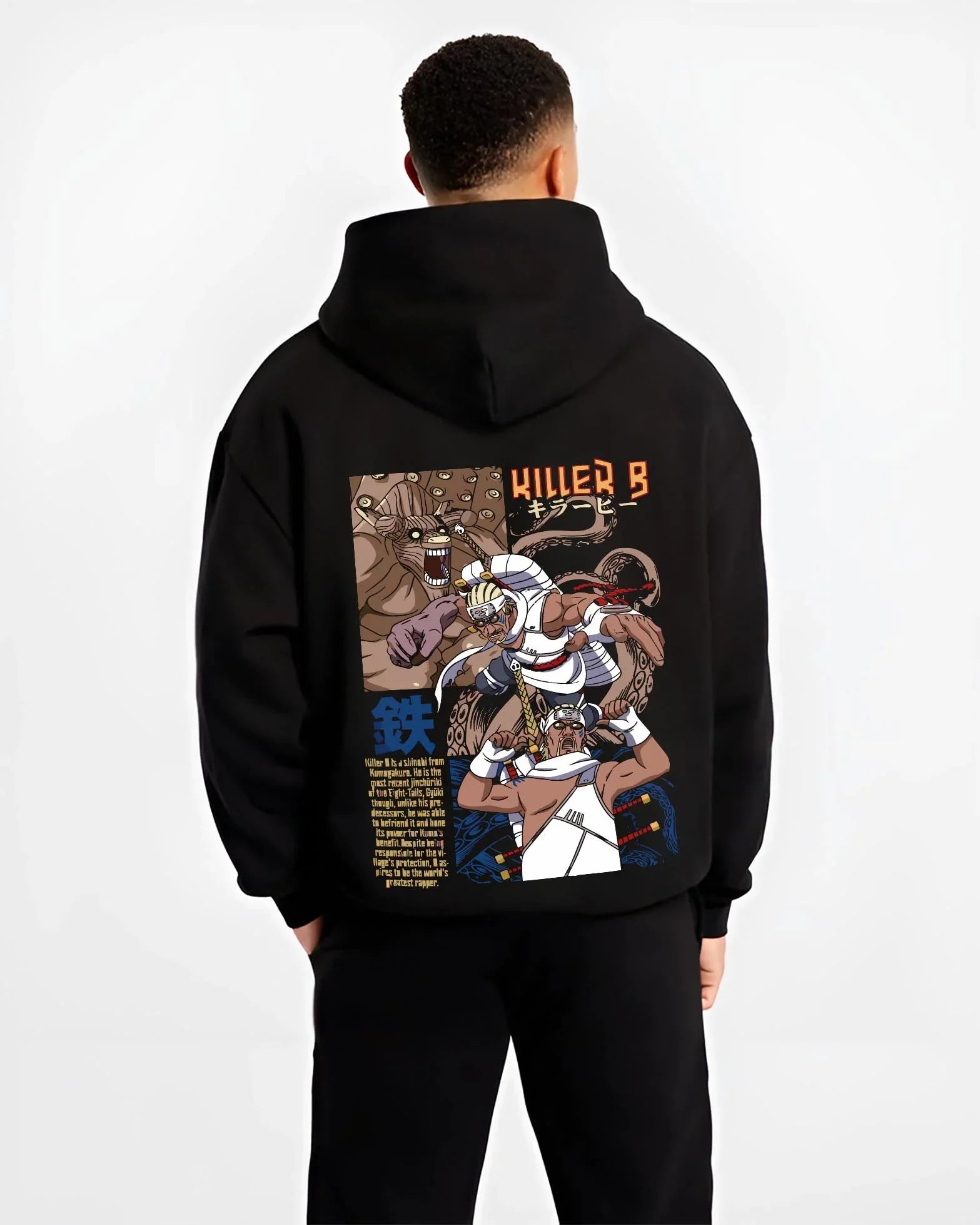 Black hoodie worn by male model, back view with Killer Bee Hoodie Naruto Eight Tails Jinchuriki Rap Ninja graphic premium wear.