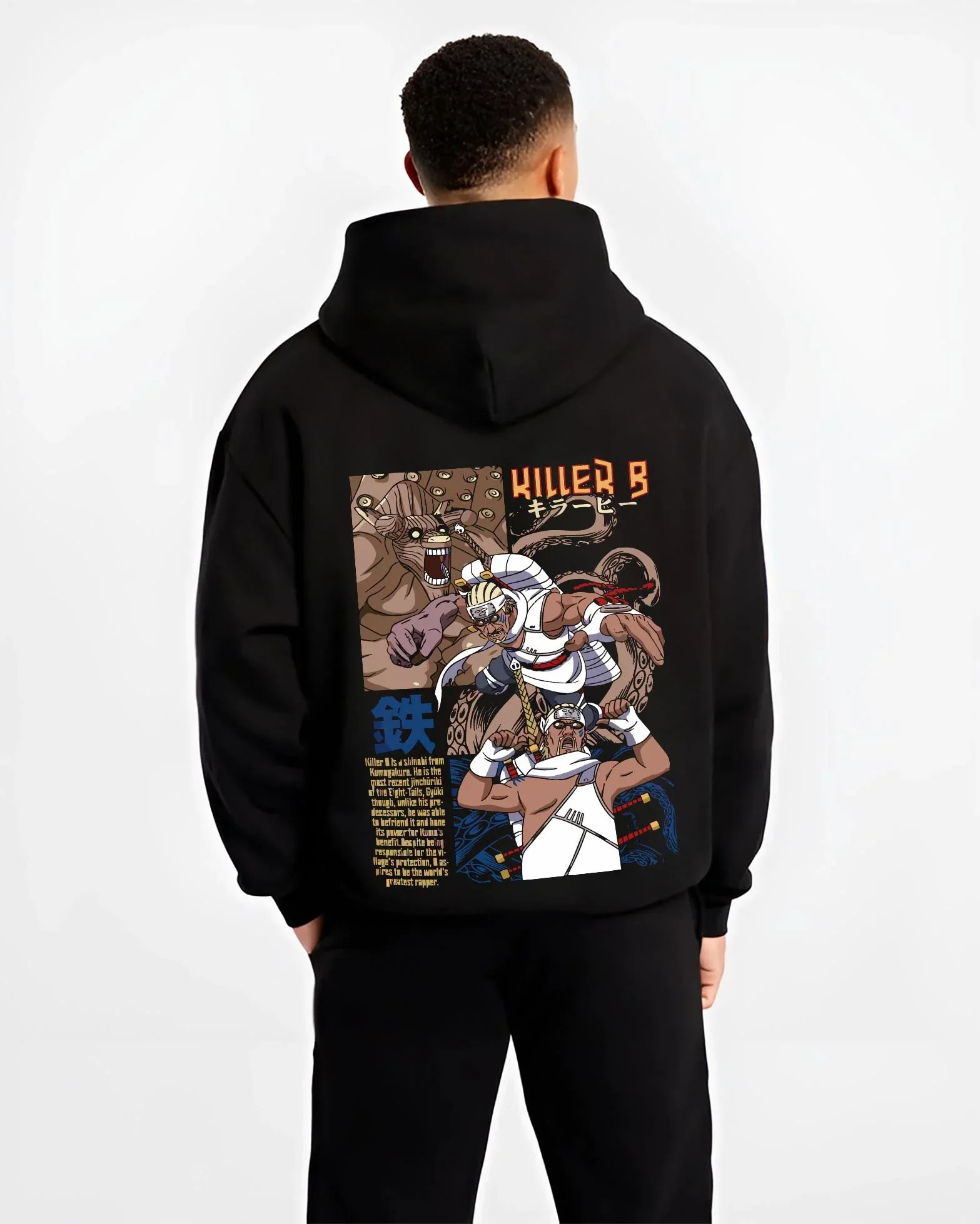 Black hoodie worn by male model, back view with Killer Bee Hoodie Naruto Eight Tails Jinchuriki Rap Ninja graphic premium wear.