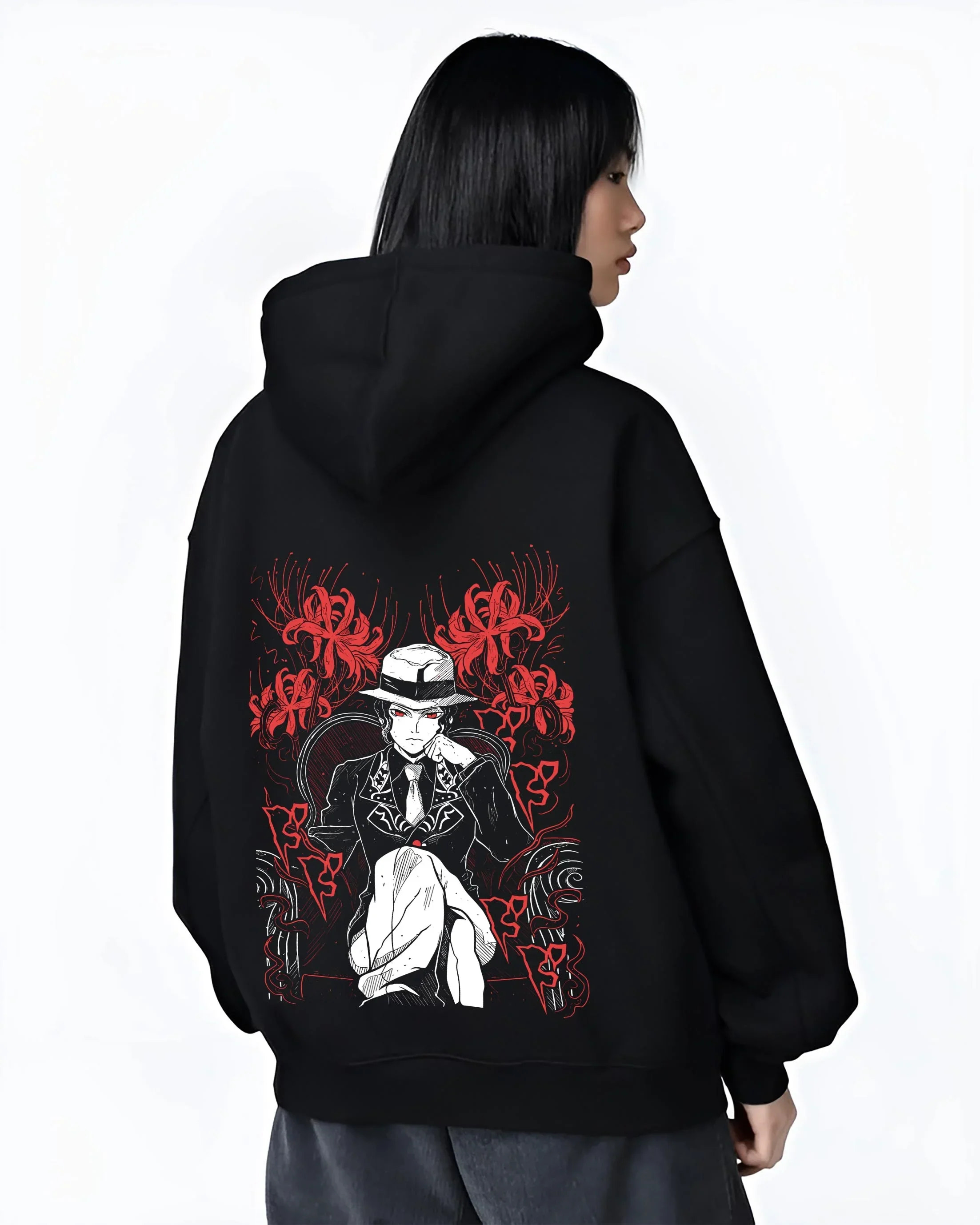 Black hoodie worn by female model, back view with King Hoodie One Piece Celestial Dragon Pirate Design graphic premium wear.