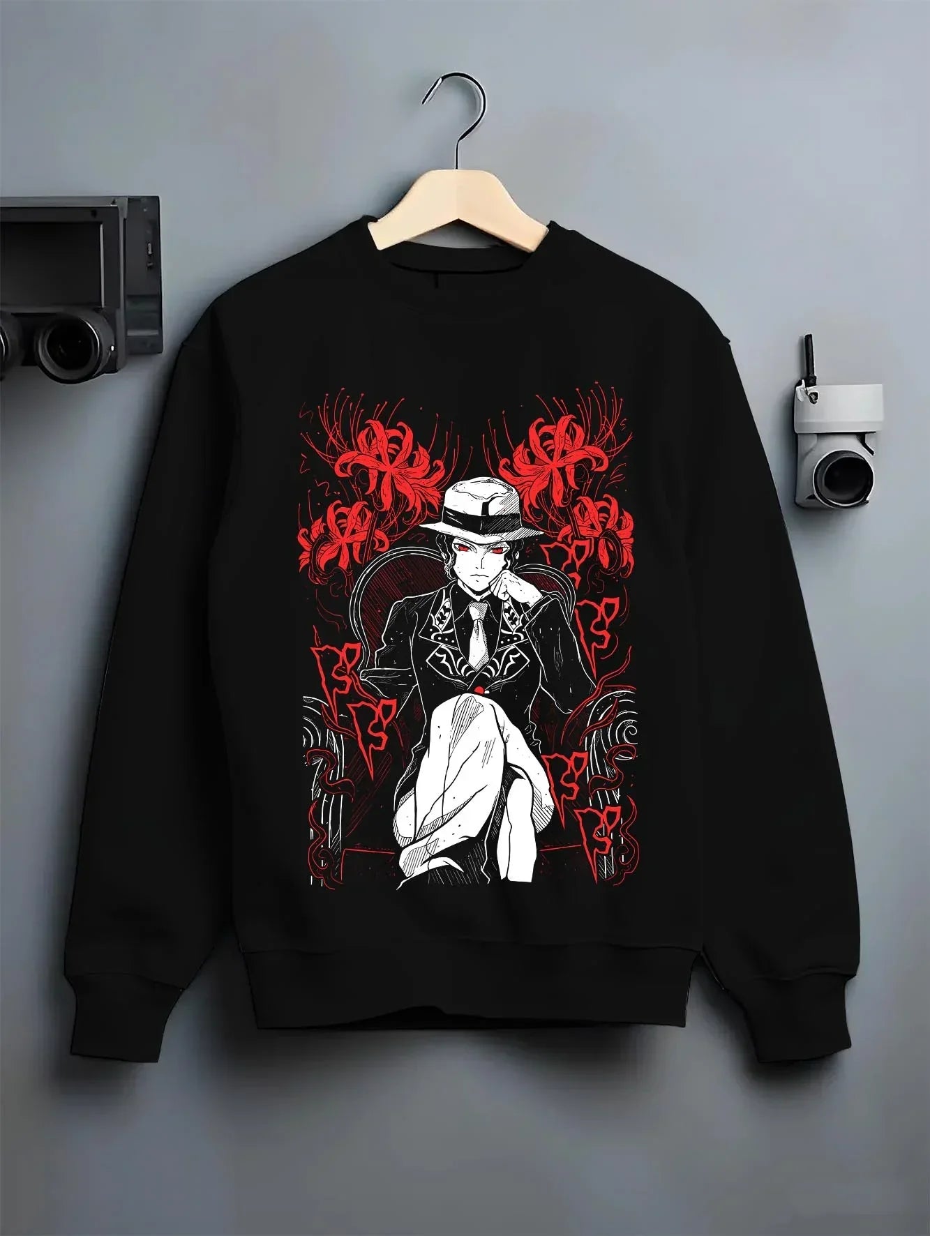 Black crewneck sweatshirt on hanger with King Hoodie One Piece Celestial Dragon Pirate Design graphic bold anime graphic.