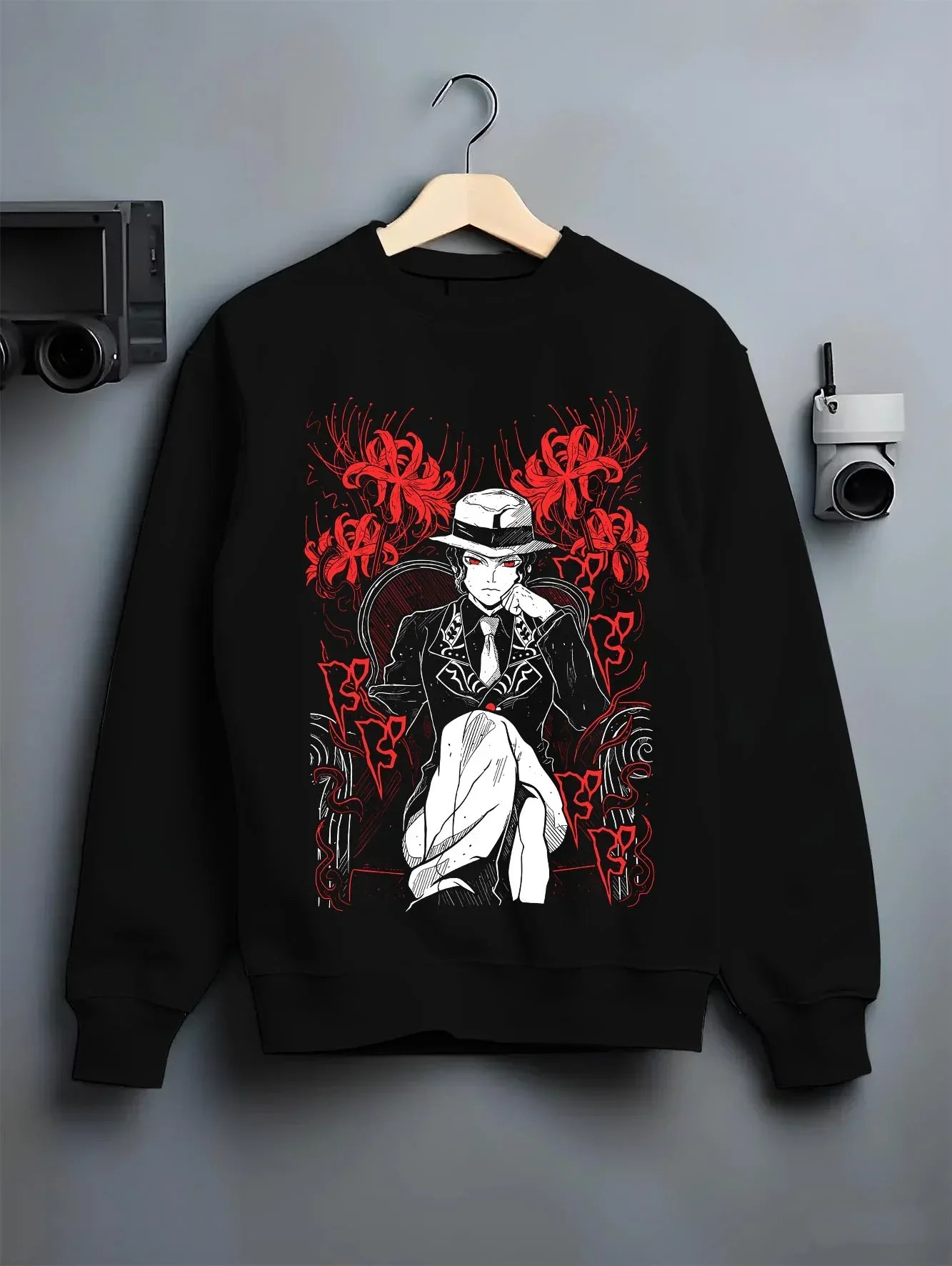 Black crewneck sweatshirt on hanger with King Hoodie One Piece Celestial Dragon Pirate Design graphic bold anime graphic.