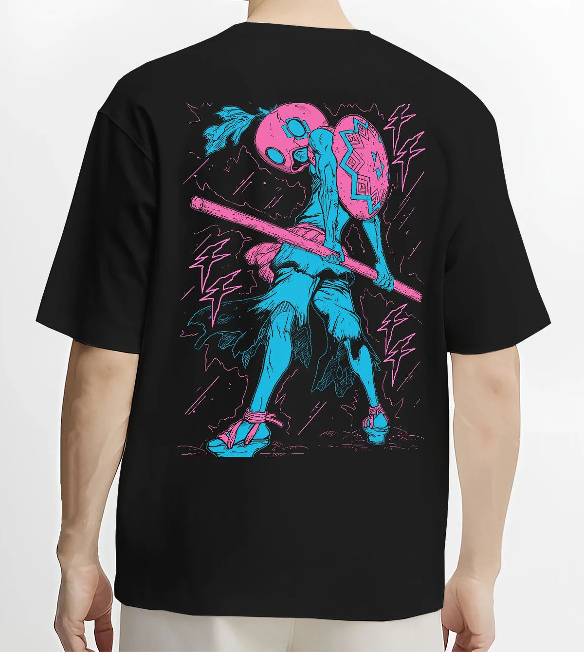 Suika holding a staff from Dr Stone, Kingdom of Science on black T-shirt model back view