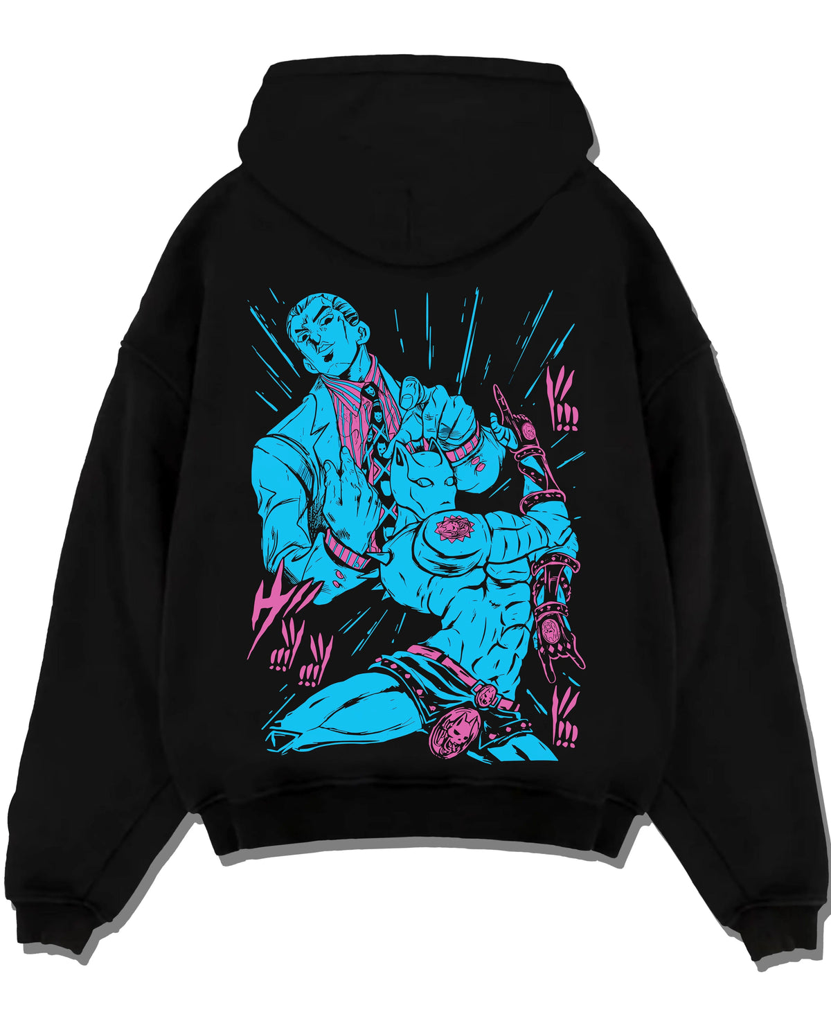 Black hoodie laid flat featuring Yoshikage Kira Killer Queen Stand artwork.