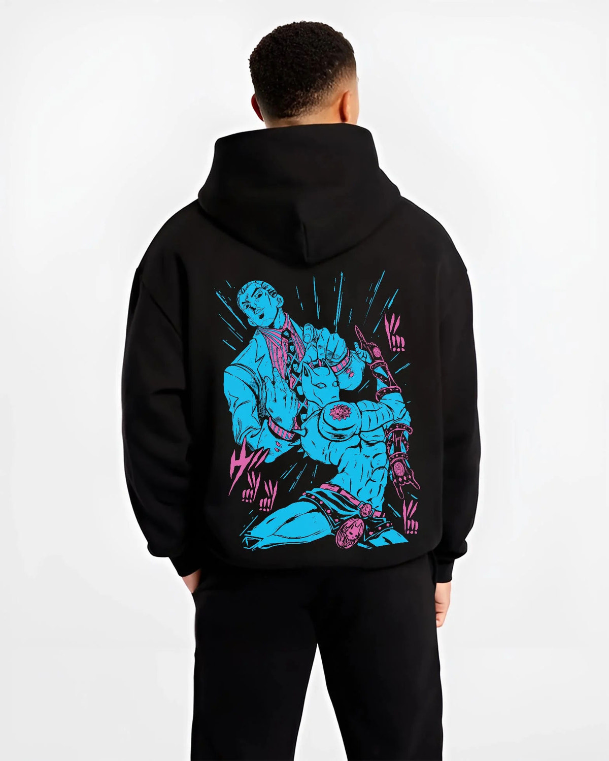 Black hoodie worn by male model from the back featuring Yoshikage Kira Killer Queen Stand artwork.