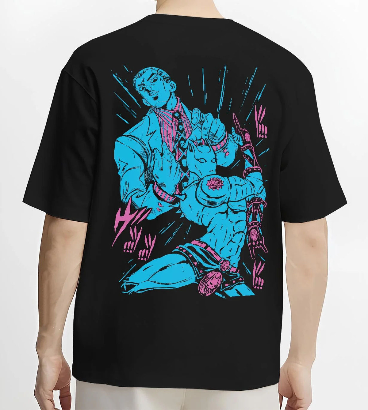 Black T-shirt worn by male model from the back featuring Yoshikage Kira Killer Queen Stand artwork.