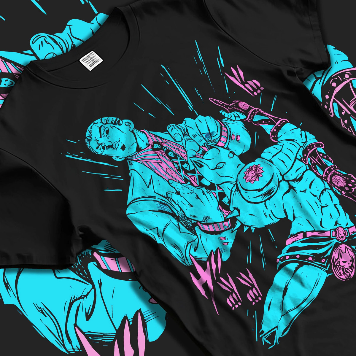 Black T-shirt laid flat with natural folds featuring Yoshikage Kira Killer Queen Stand artwork.
