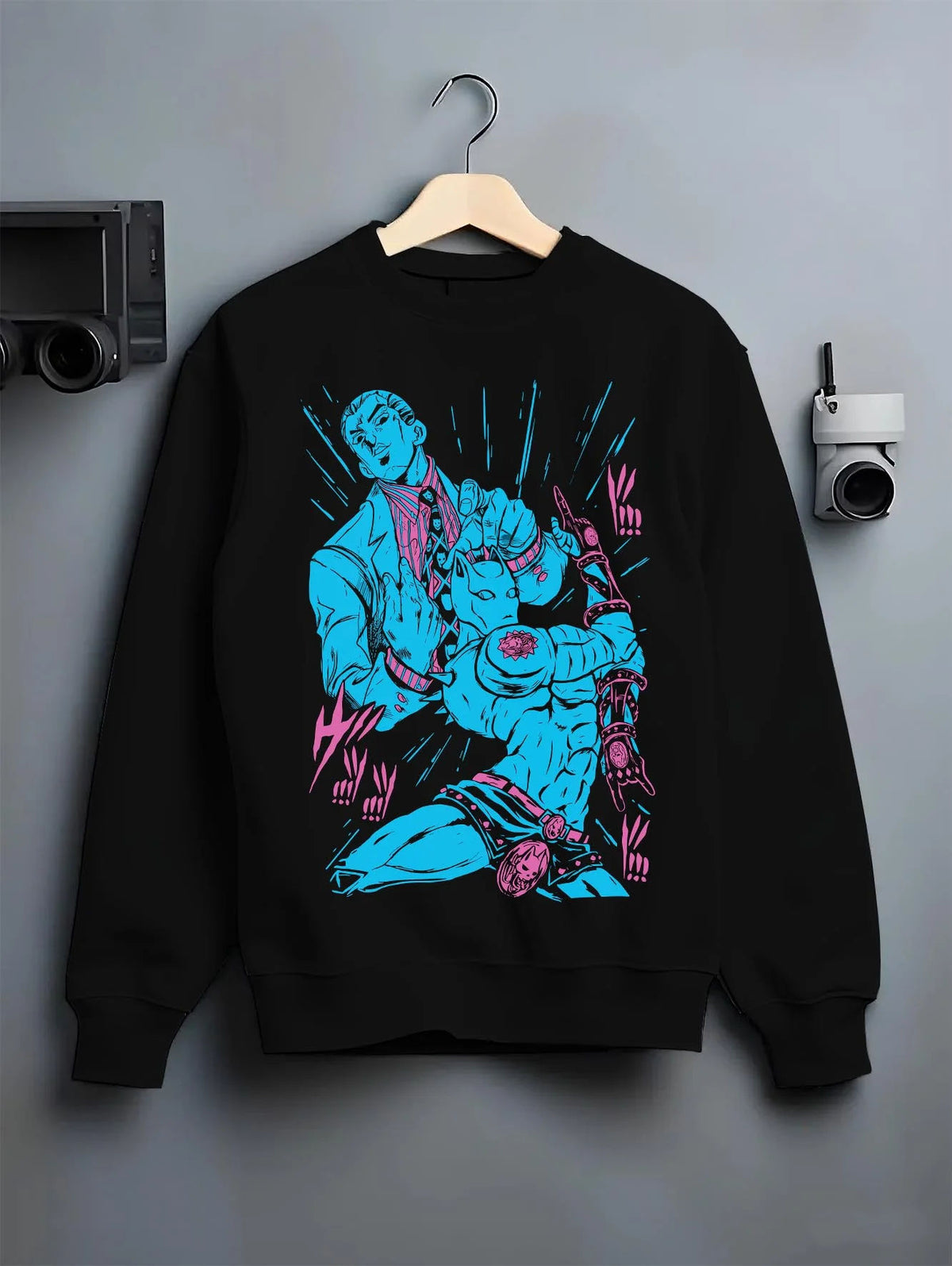 Black crewneck sweatshirt on hanger featuring Yoshikage Kira Killer Queen Stand artwork.