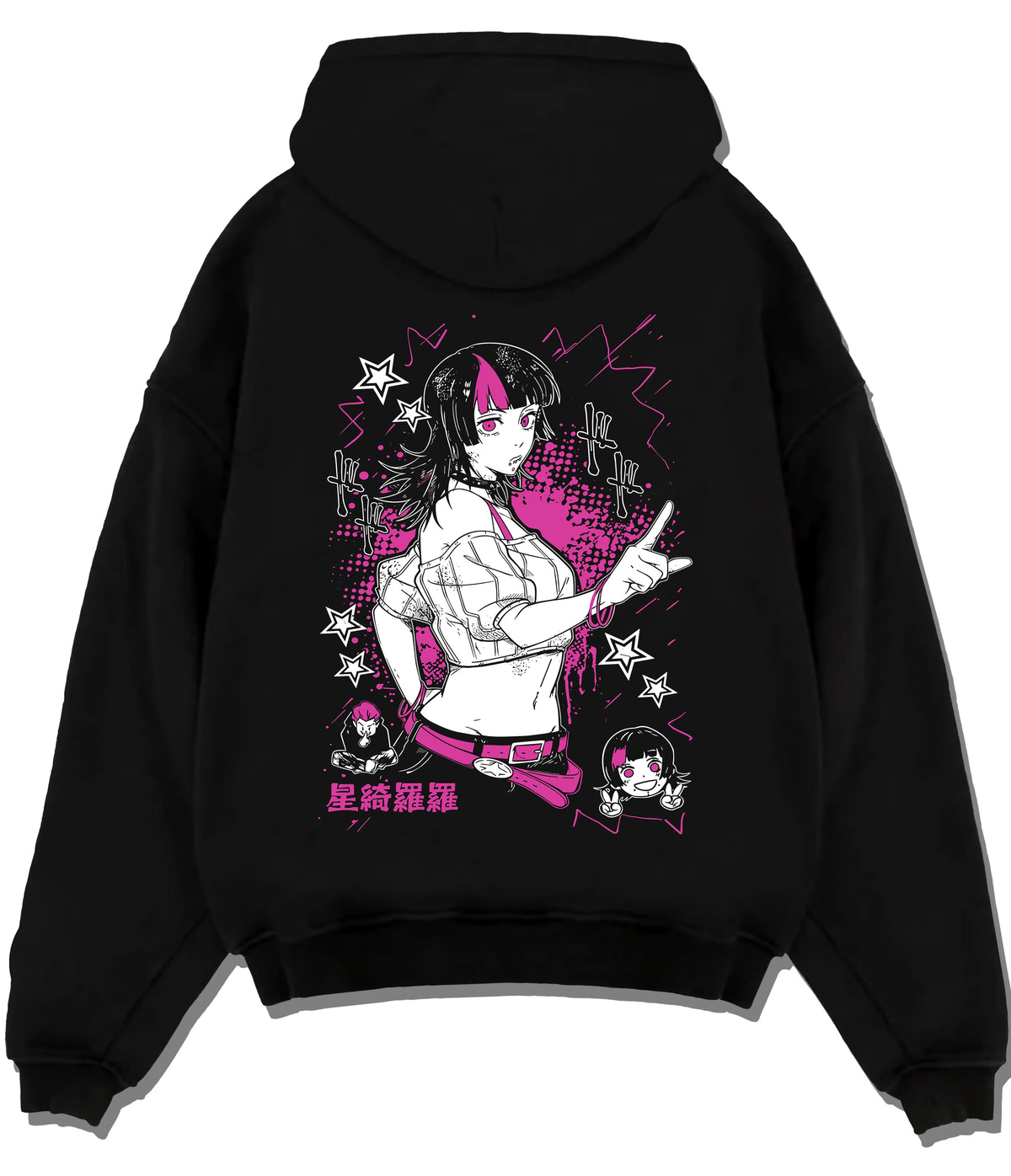 Black hoodie flat back view with Kirara Hoshi with star motif from Jujutsu Kaisen illustrated back graphic