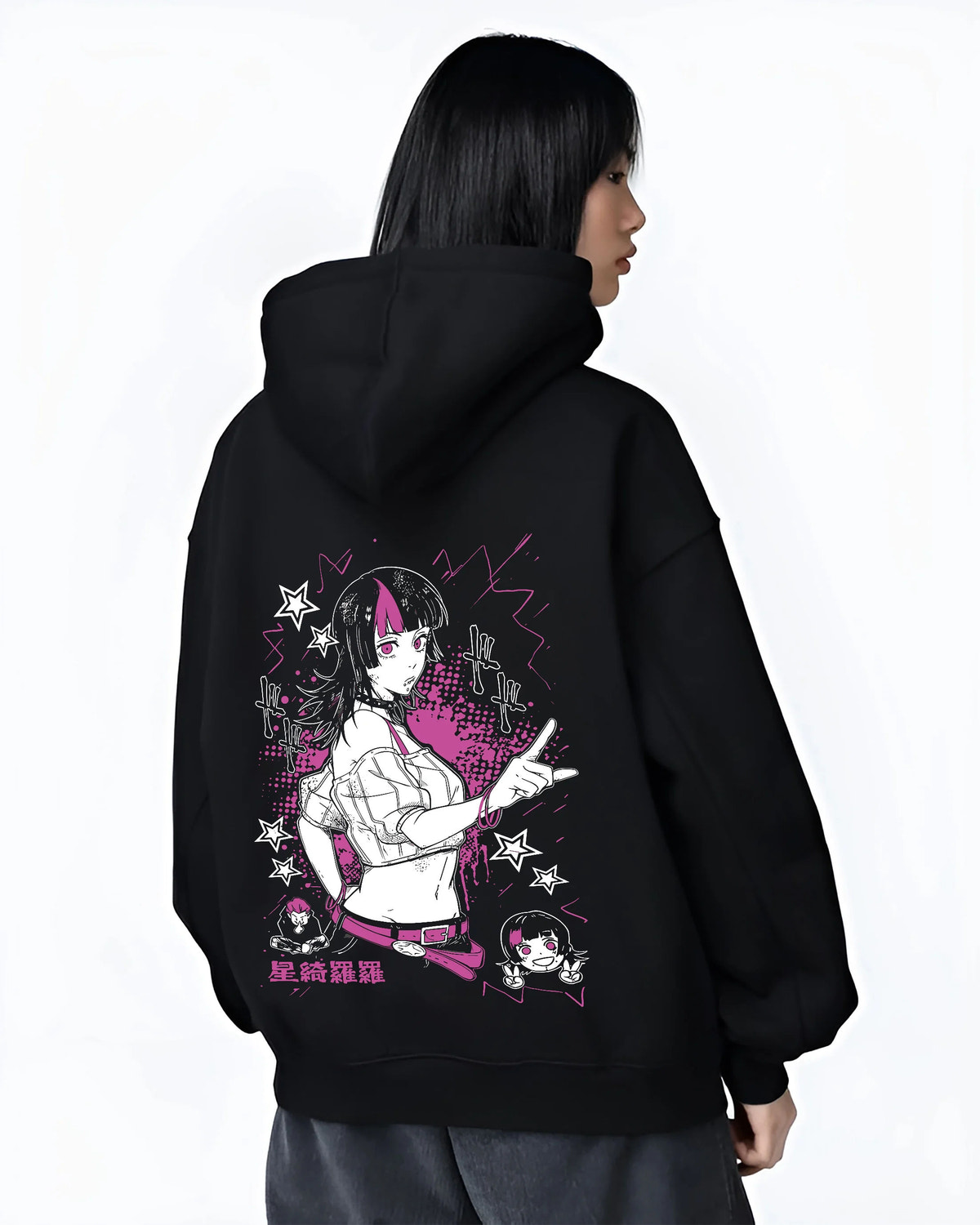 Black hoodie female model back view with Kirara Hoshi with star motif from Jujutsu Kaisen illustrated back graphic