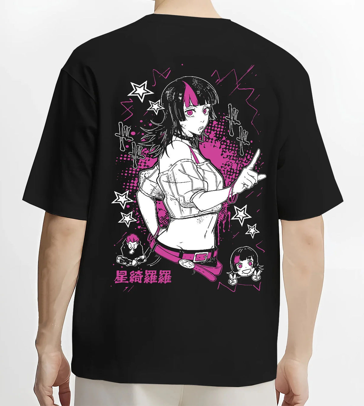 Black T-shirt model back view with Kirara Hoshi with star motif from Jujutsu Kaisen illustrated back graphic