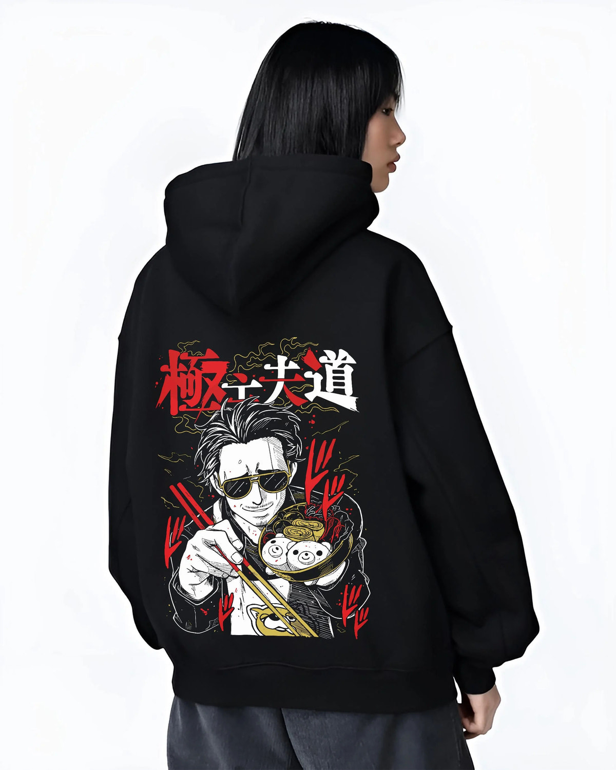 Black hoodie worn by female model from the back featuring Kazuma Kiryu Dragon of Dojima artwork.