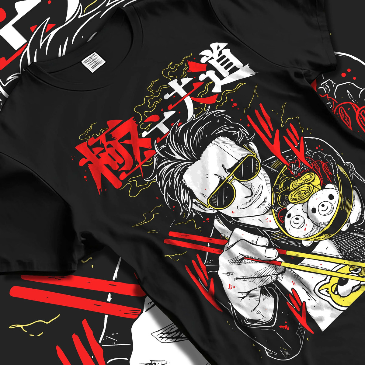 Black T-shirt laid flat with natural folds featuring Kazuma Kiryu Dragon of Dojima artwork.