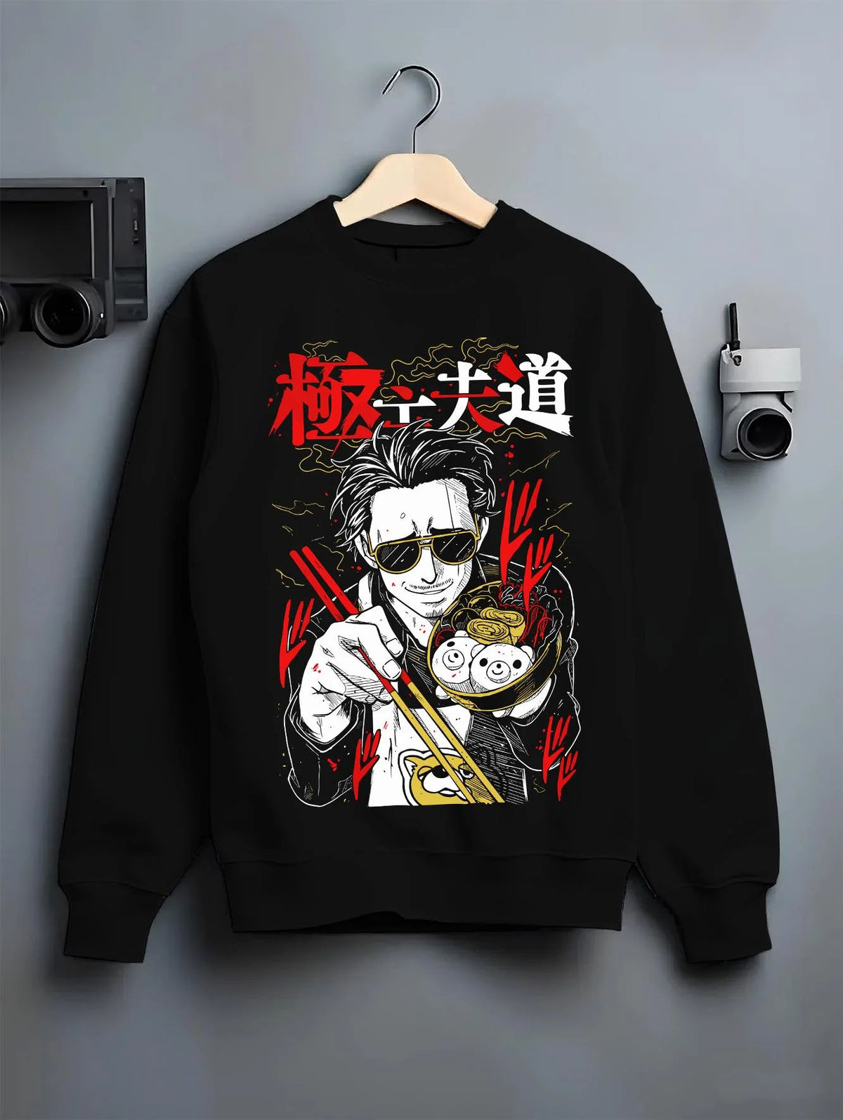 Black crewneck sweatshirt on hanger featuring Kazuma Kiryu Dragon of Dojima artwork.