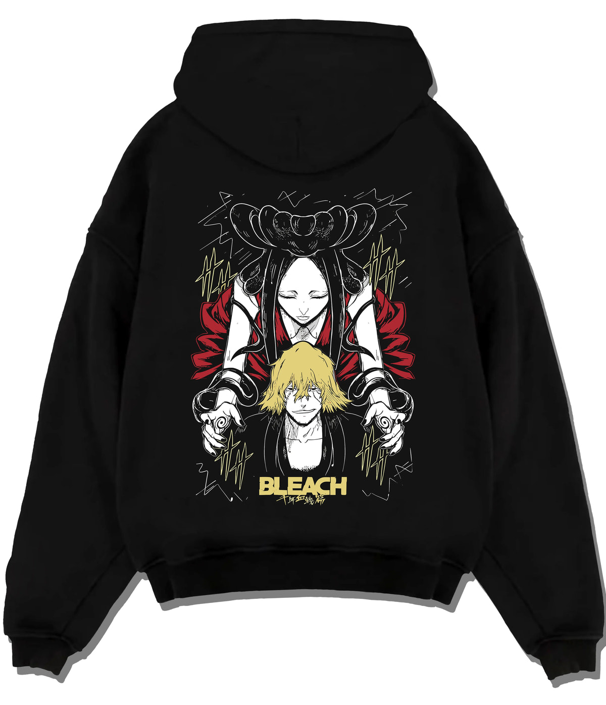 Black hoodie flat back view showing Kisuke Urahara from Bleach: Bankai graphic