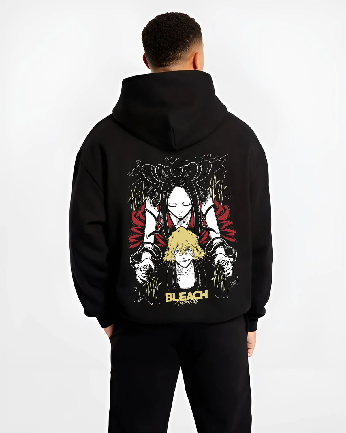 Black hoodie model back view showing Kisuke Urahara from Bleach: Bankai graphic