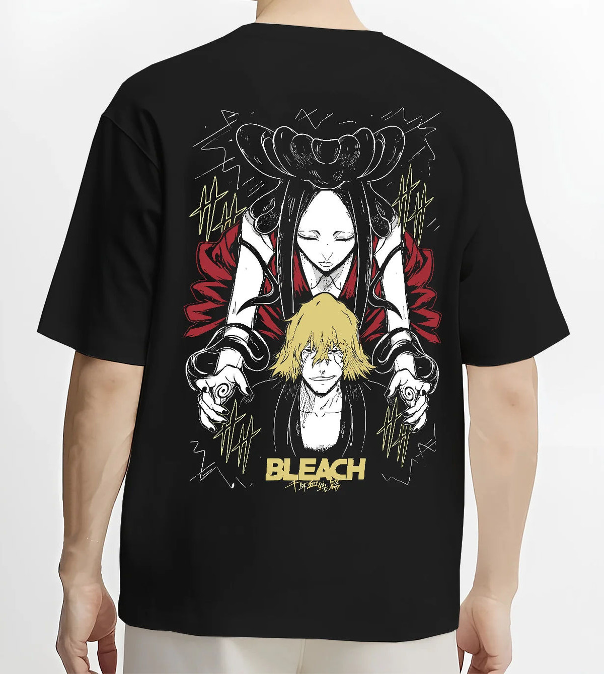 Black T-shirt model back view showing Kisuke Urahara from Bleach: Bankai graphic
