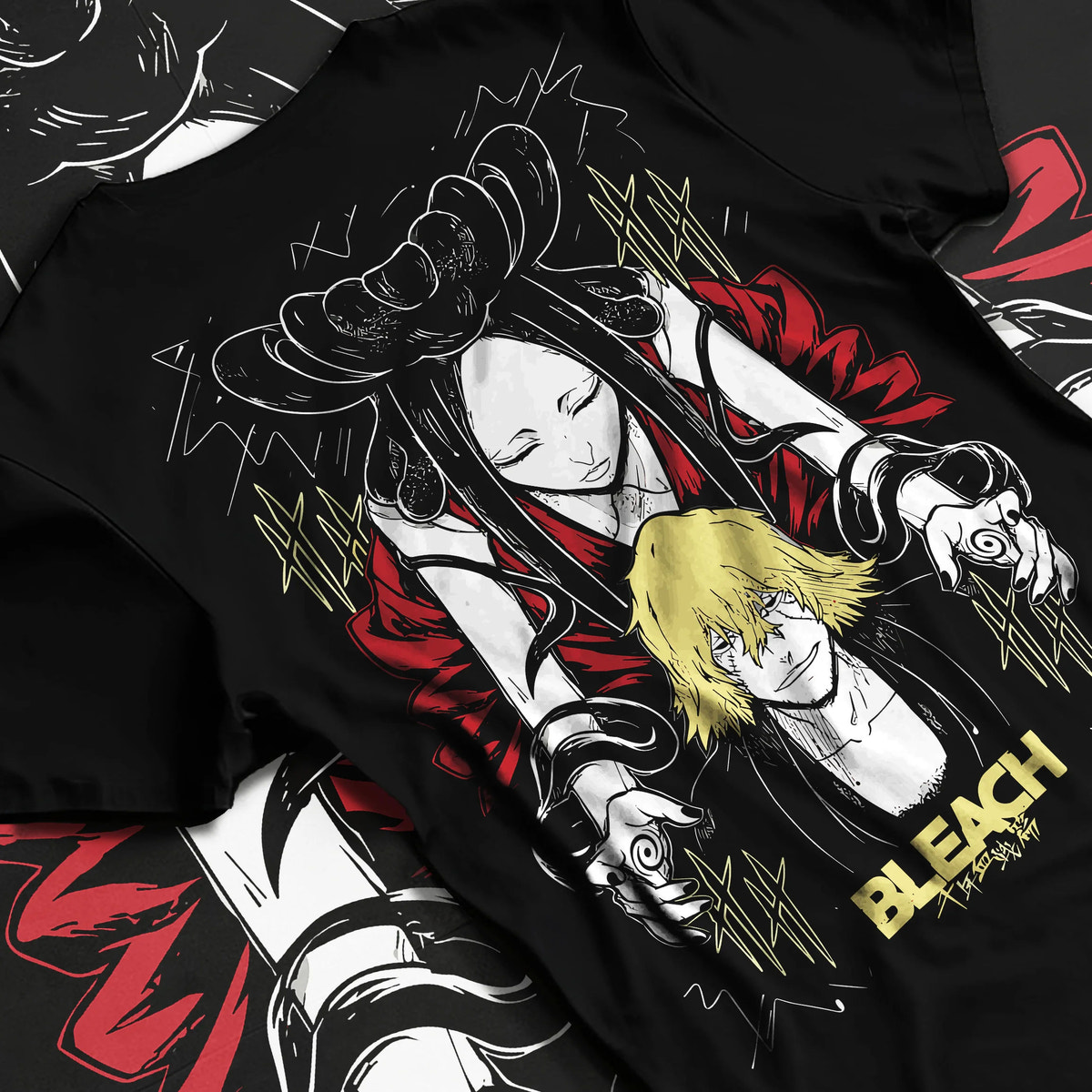 Black T-shirt flat back view showing Kisuke Urahara from Bleach: Bankai graphic