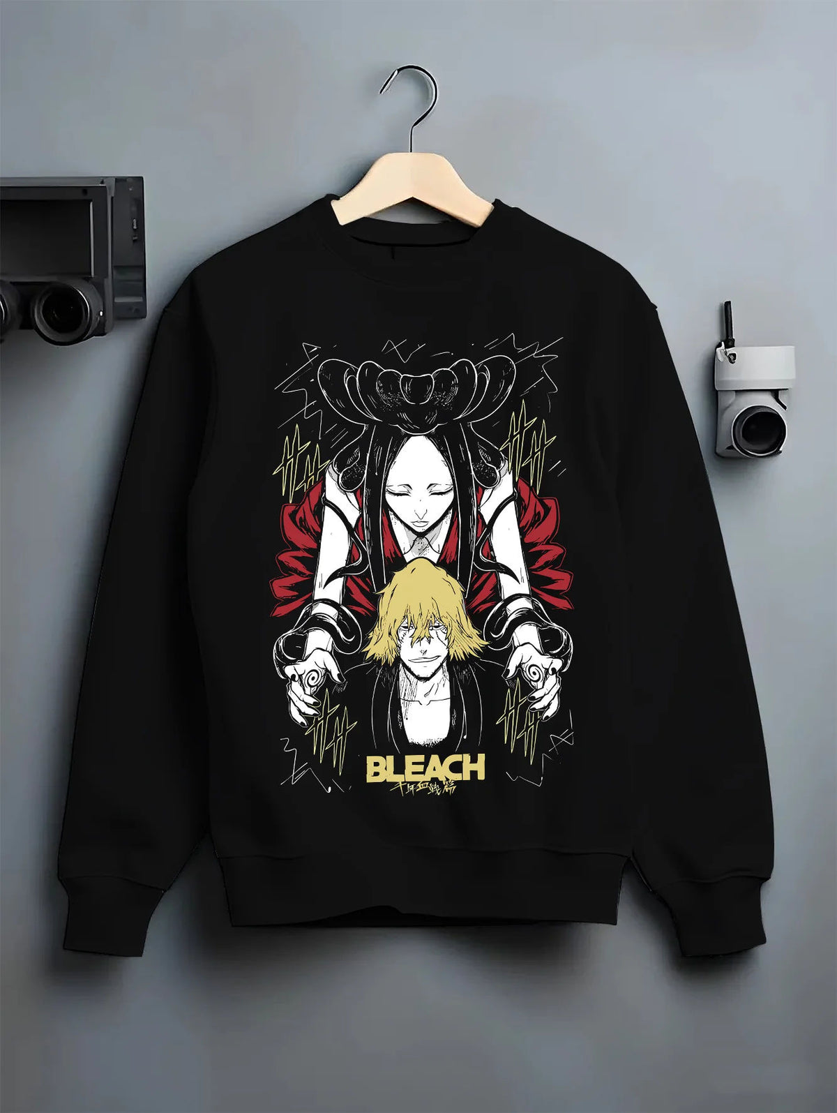 Black crewneck sweatshirt on hanger showing Kisuke Urahara from Bleach: Bankai graphic