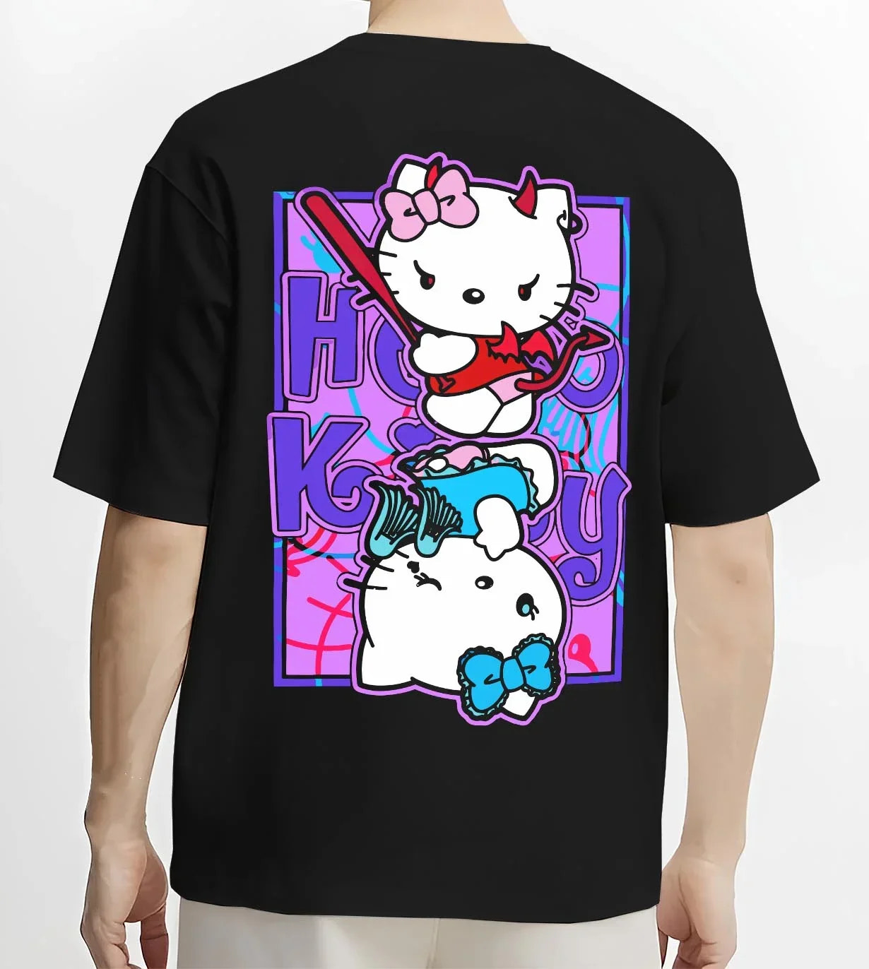 Black T-shirt worn by male model, back view with Hello Kitty Hoodie Anime Inspired Cute Crossover Purple graphic premium wear.