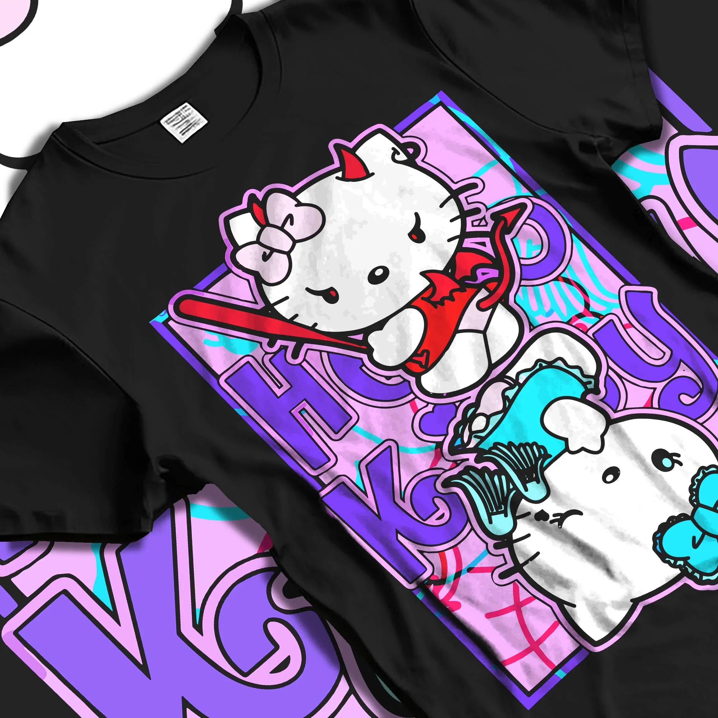 Black T-shirt laid flat with natural folds with Hello Kitty Hoodie Anime Inspired Cute Crossover Purple graphic streetwear graphic.
