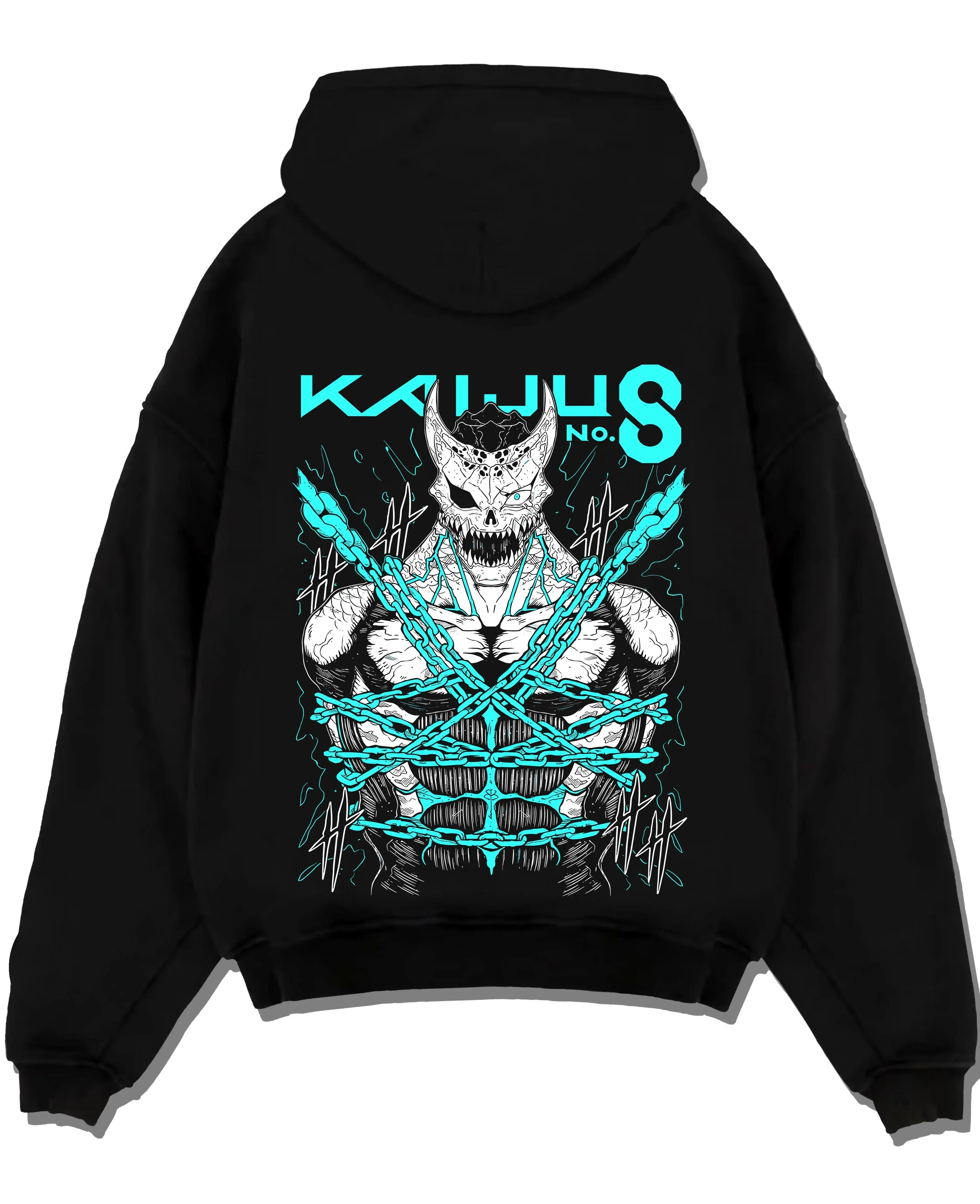 Black pullover hoodie laid flat with Kaiju No. 8 Hoodie Kaiju Battle Transformation Form graphic streetwear graphic.