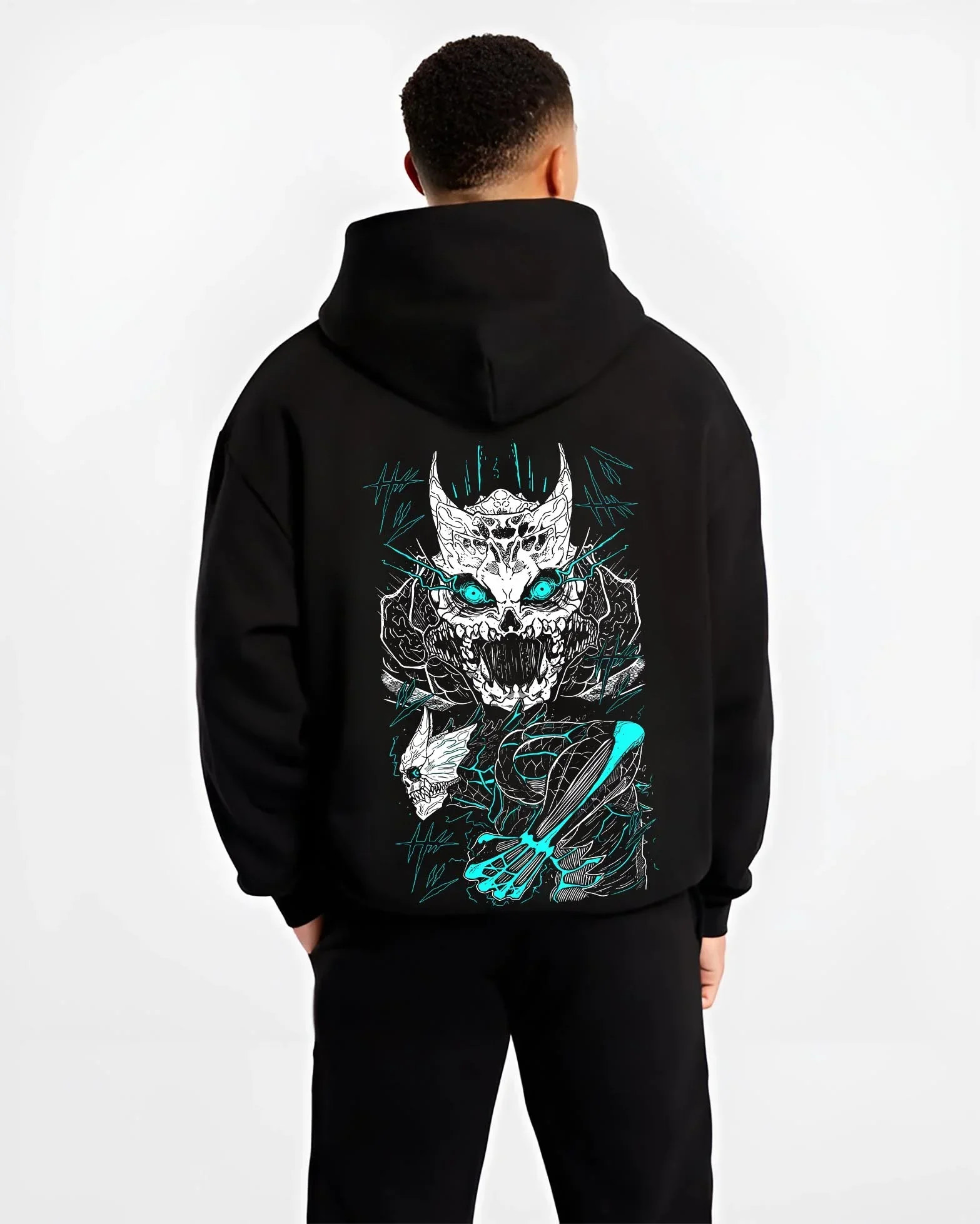 Black hoodie worn by male model, back view with Kaiju No. 8 Hoodie Monster Transformation Battle graphic streetwear graphic.