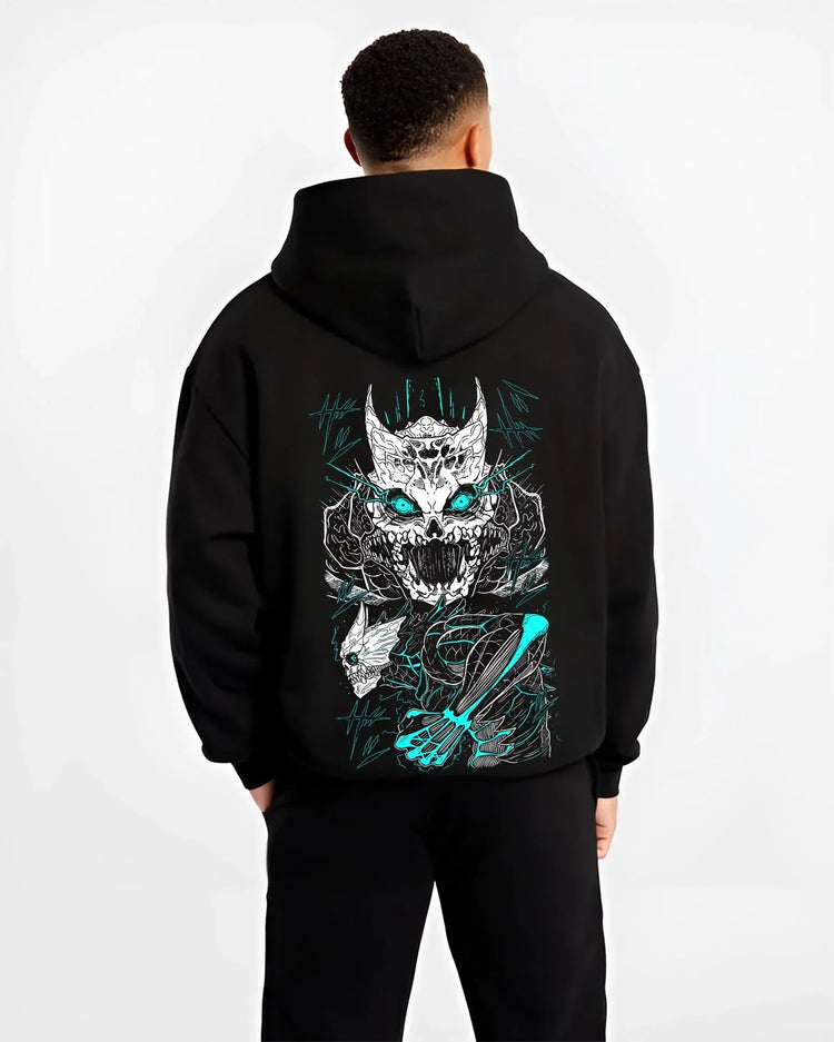 Black hoodie worn by male model, back view with Kaiju No. 8 Hoodie Monster Transformation Battle graphic streetwear graphic.