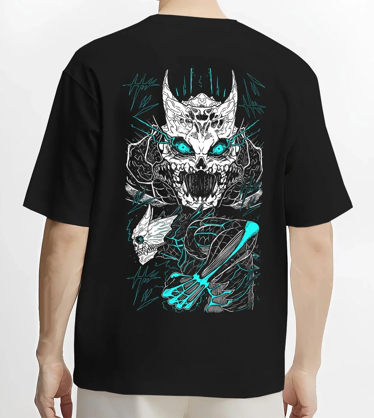 Black T-shirt worn by male model, back view with Kaiju No. 8 Hoodie Monster Transformation Battle graphic streetwear graphic.