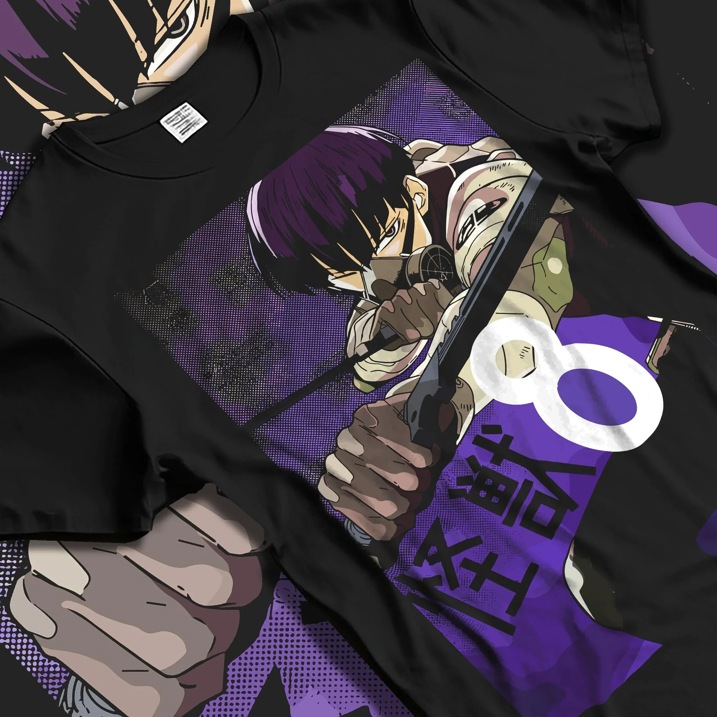 Black T-shirt laid flat with natural folds with Kaiju No. 8 Hoodie Squad Fighters Ready for Battle graphic bold anime graphic.