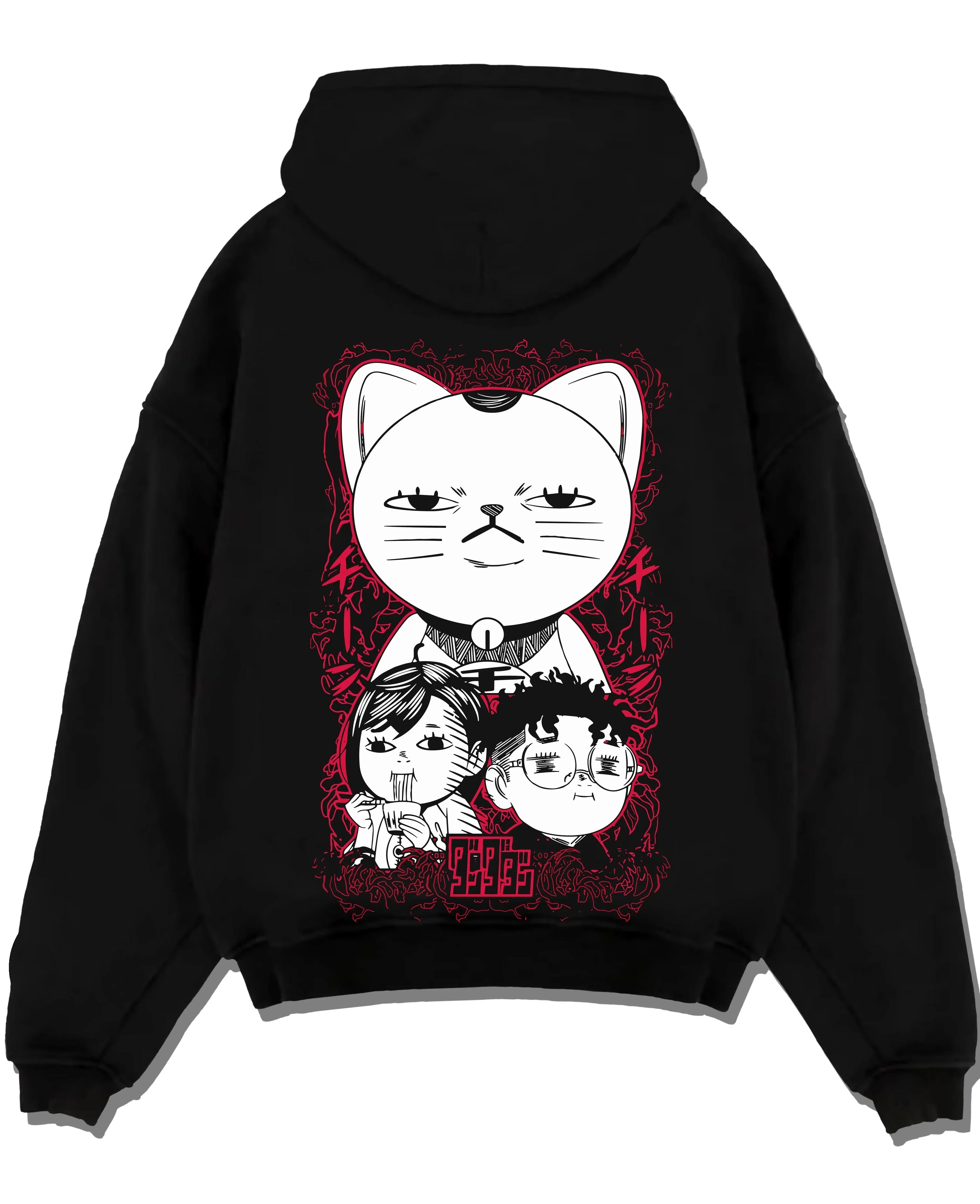 Black pullover hoodie laid flat with Dandadan Turbo Granny Hoodie Lucky Cat Anime Jumper graphic streetwear graphic.