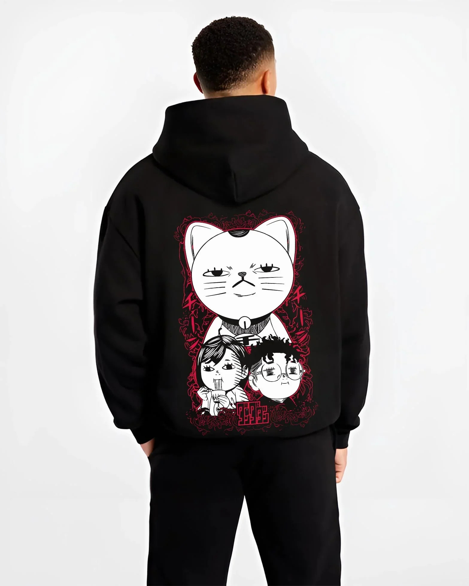 Black hoodie worn by male model, back view with Dandadan Turbo Granny Hoodie Lucky Cat Anime Jumper graphic bold anime graphic.
