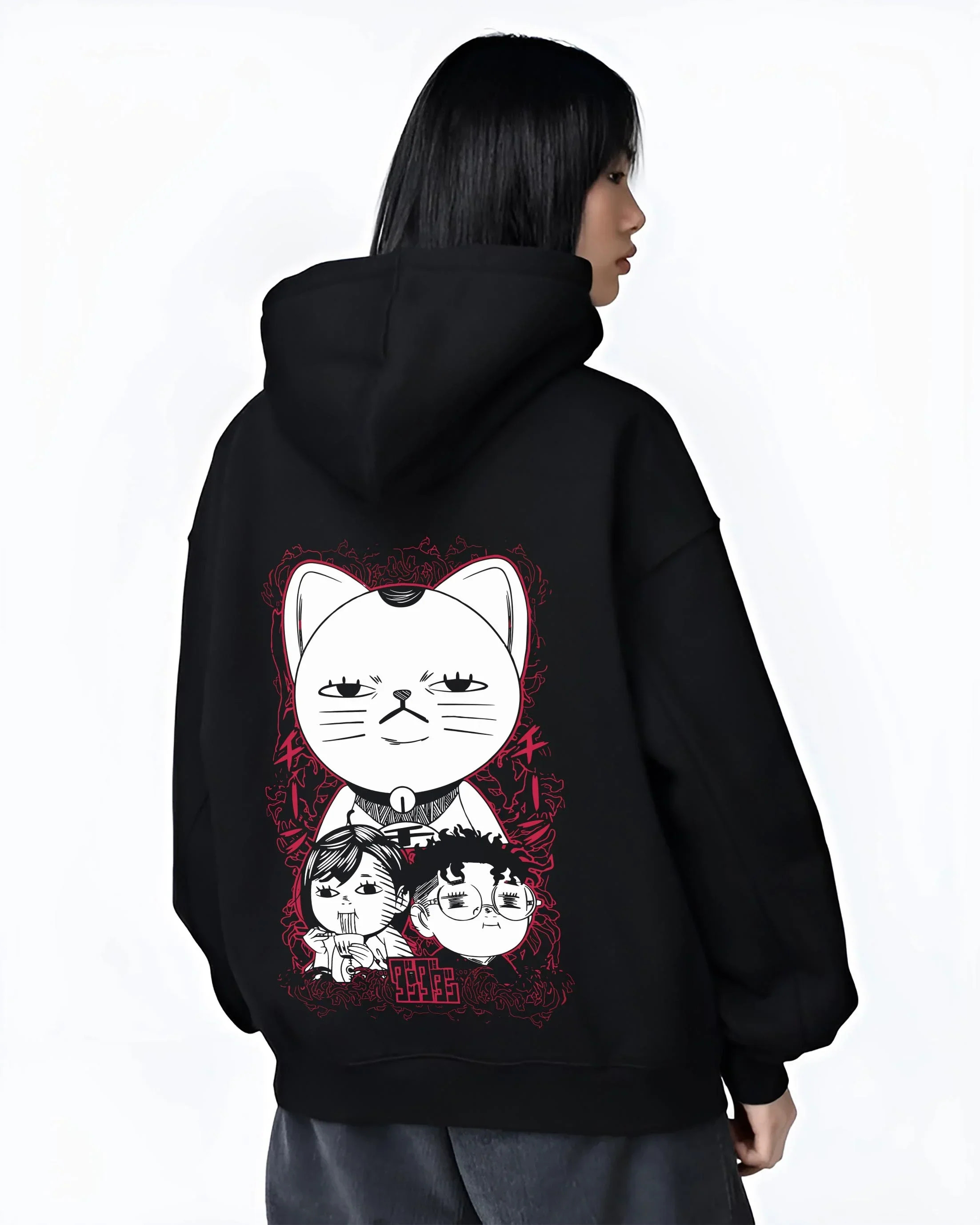 Black hoodie worn by female model, back view with Dandadan Turbo Granny Hoodie Lucky Cat Anime Jumper graphic streetwear graphic.
