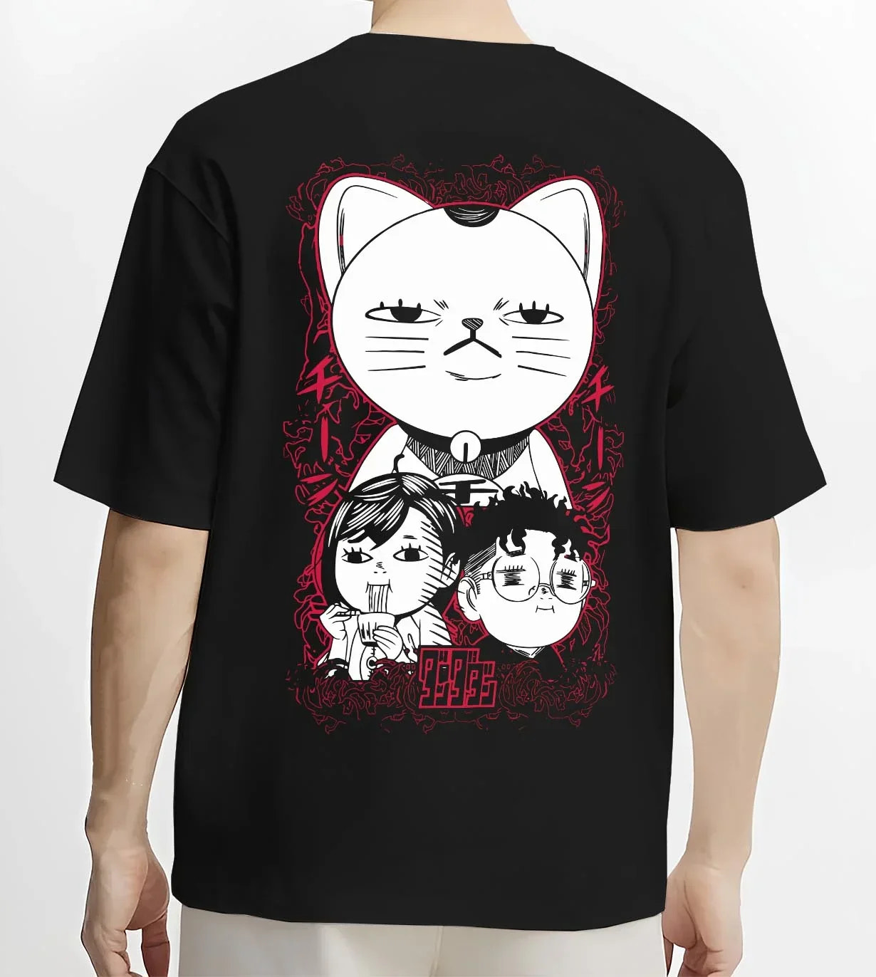 Black T-shirt worn by male model, back view with Dandadan Turbo Granny Hoodie Lucky Cat Anime Jumper graphic bold anime graphic.