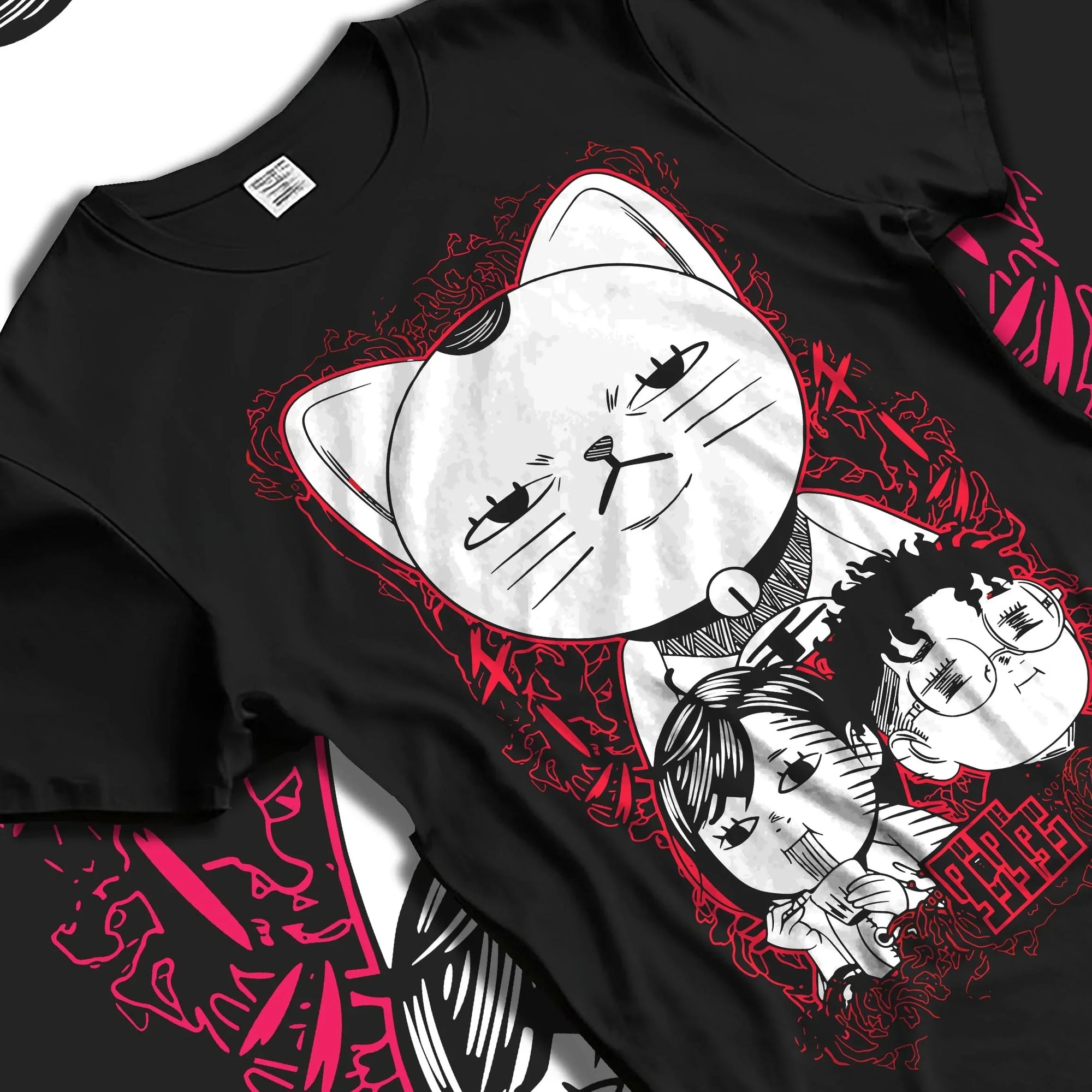 Black T-shirt laid flat with natural folds with Dandadan Turbo Granny Hoodie Lucky Cat Anime Jumper graphic premium wear.