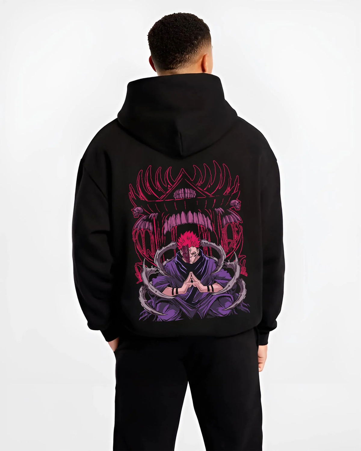 Black hoodie worn by male model from the back featuring Ryomen Sukuna King of Curses artwork.