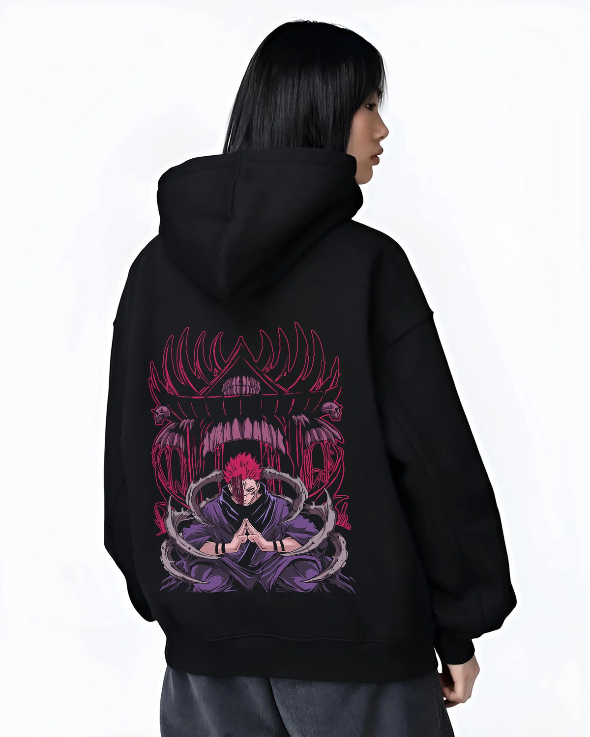 Black hoodie worn by female model from the back featuring Ryomen Sukuna King of Curses artwork.