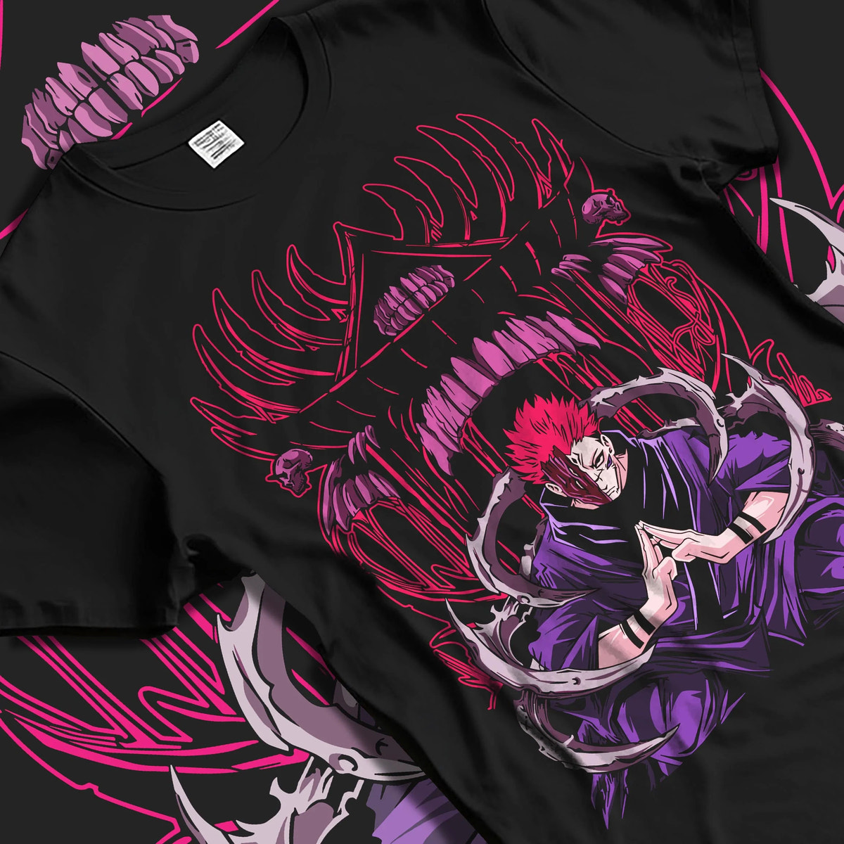 Black T-shirt laid flat with natural folds featuring Ryomen Sukuna King of Curses artwork.
