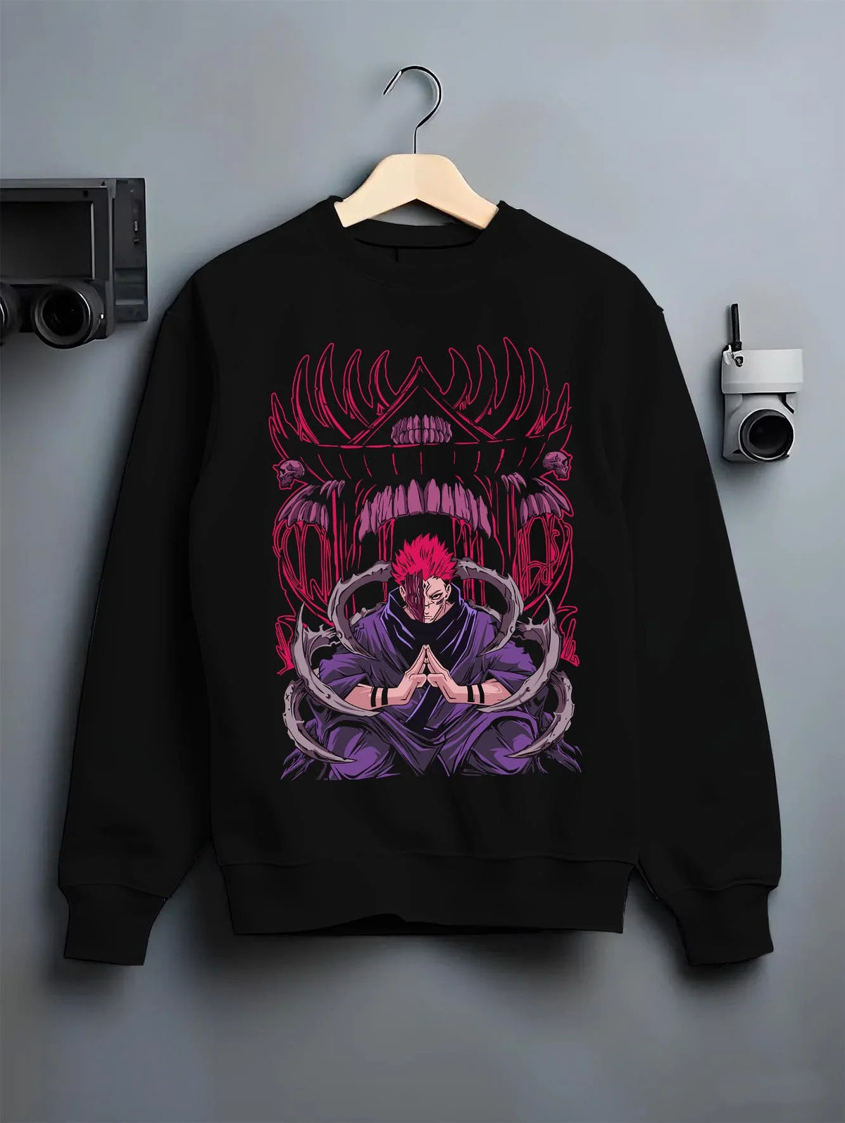 Black crewneck sweatshirt on hanger featuring Ryomen Sukuna King of Curses artwork.