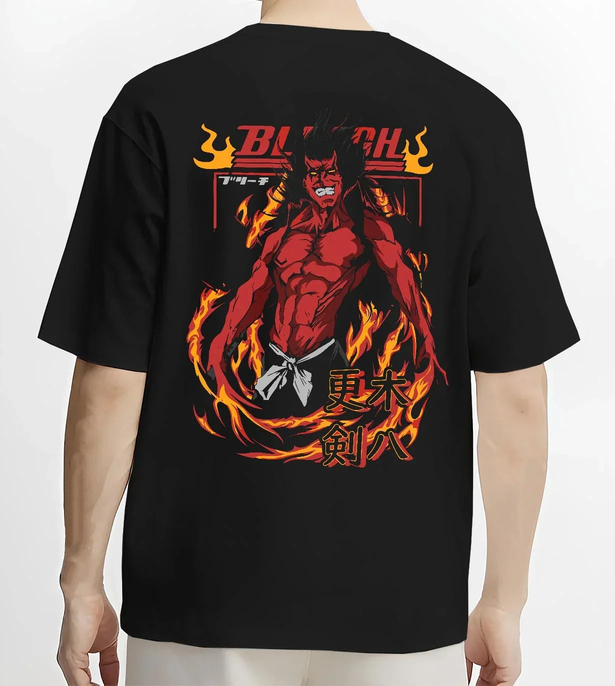 Black T-shirt worn by male model, back view with Kenpachi Zaraki Hoodie Bleach Anime Captain Retro graphic bold anime graphic.