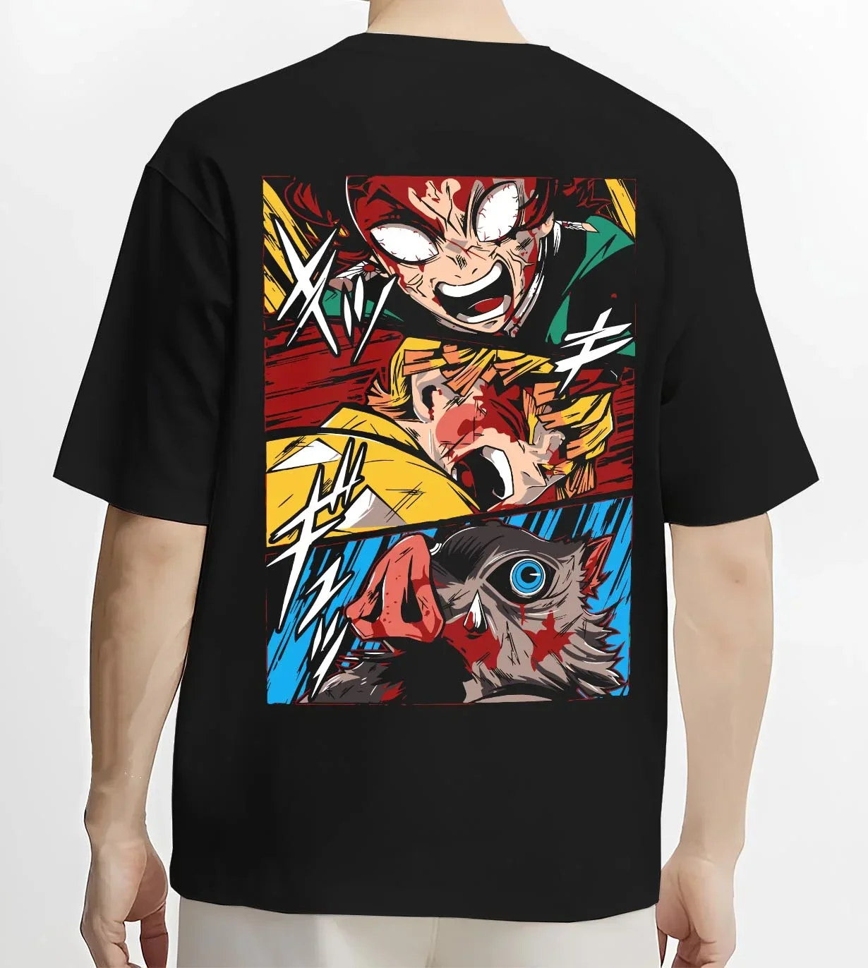 Black T-shirt worn by male model, back view with Kimetsu no Yaiba Hoodie Corps Battle Blood Clash graphic bold anime graphic.