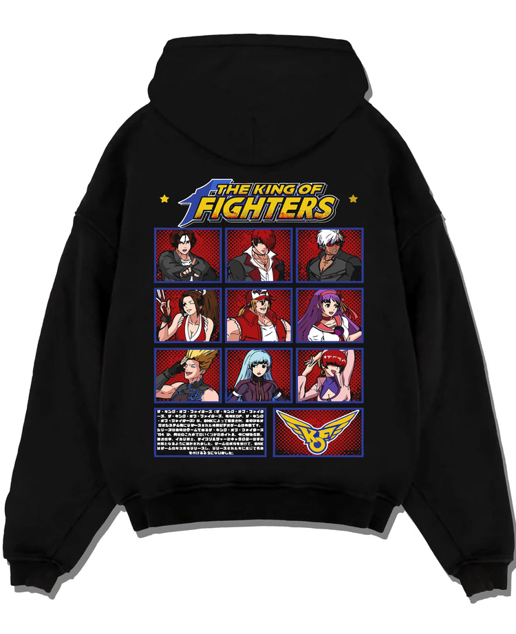 Black hoodie laid flat featuring King of Fighters character roster artwork.