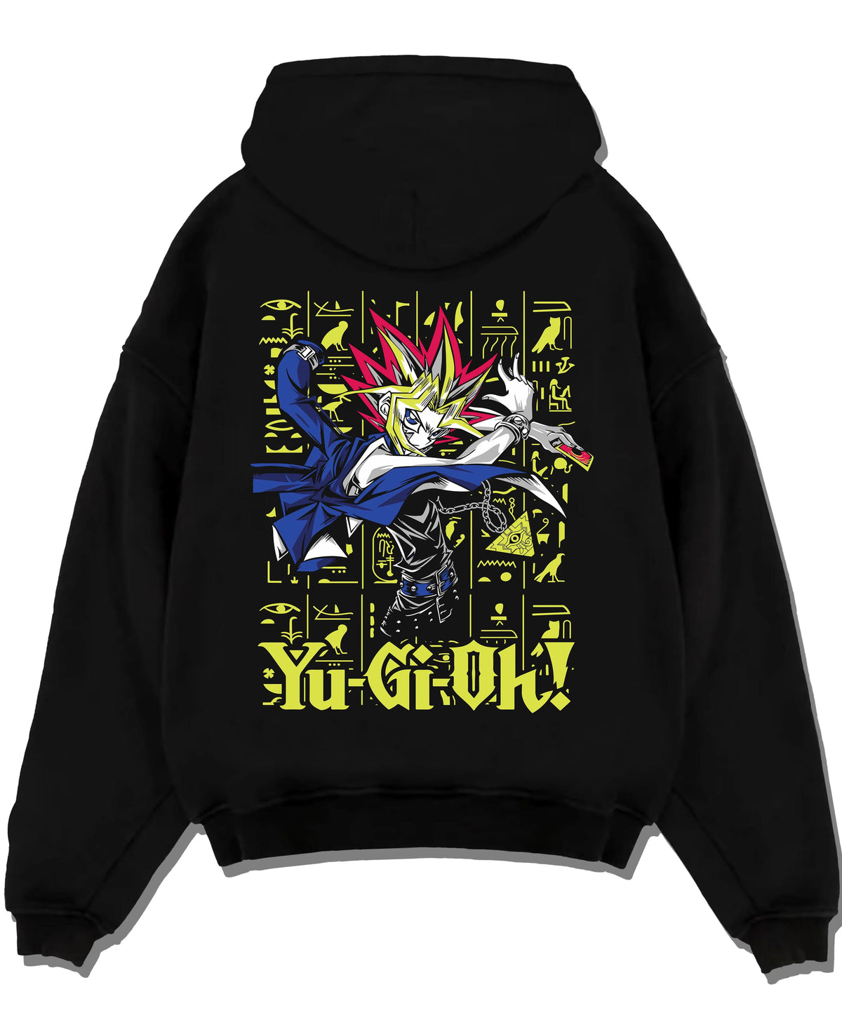 Black hoodie laid flat featuring Yugi King of Games Millennium Puzzle artwork.