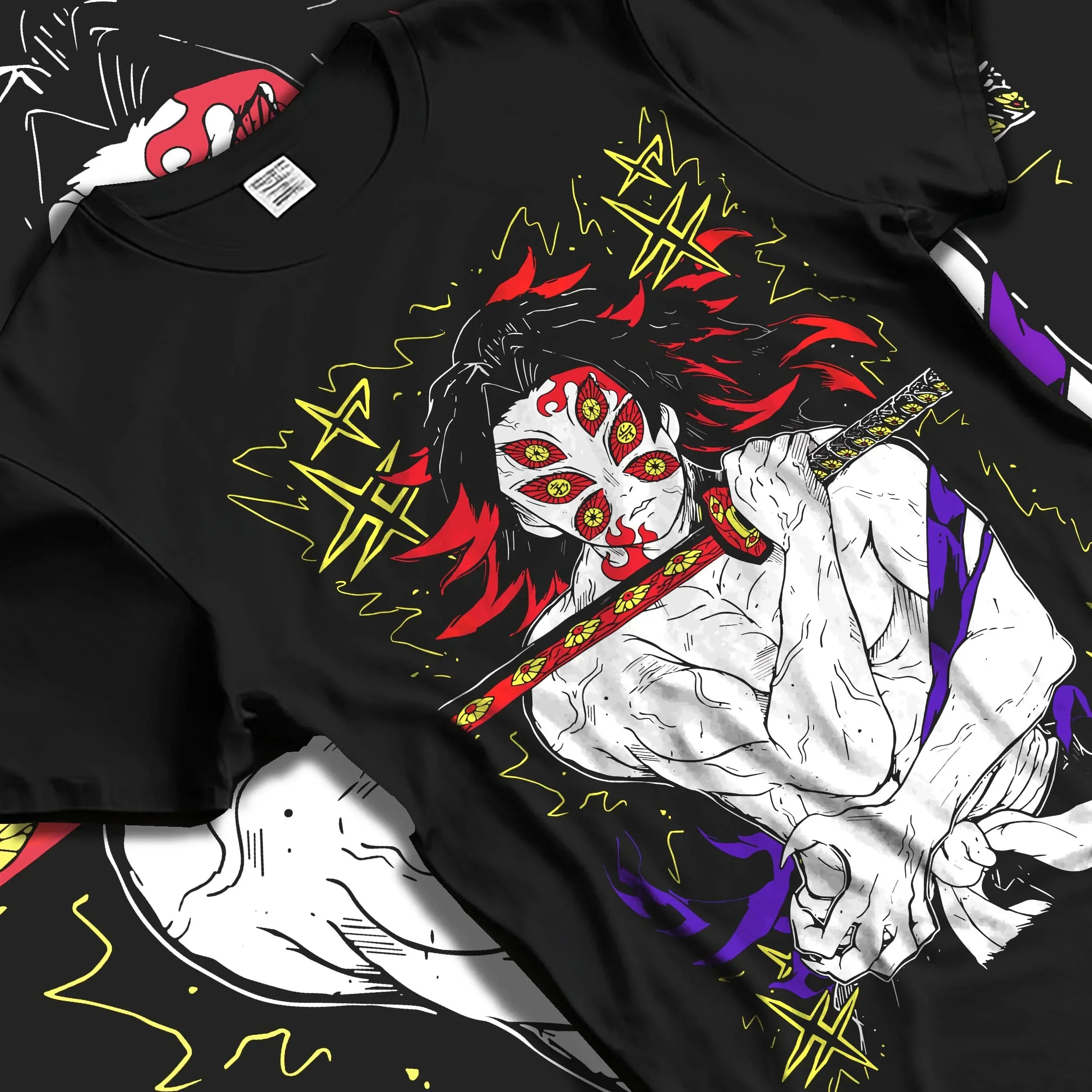 Black T-shirt laid flat with natural folds with Kimetsu no Yaiba Hoodie Upper Moon Douma Eye Mask graphic premium wear.
