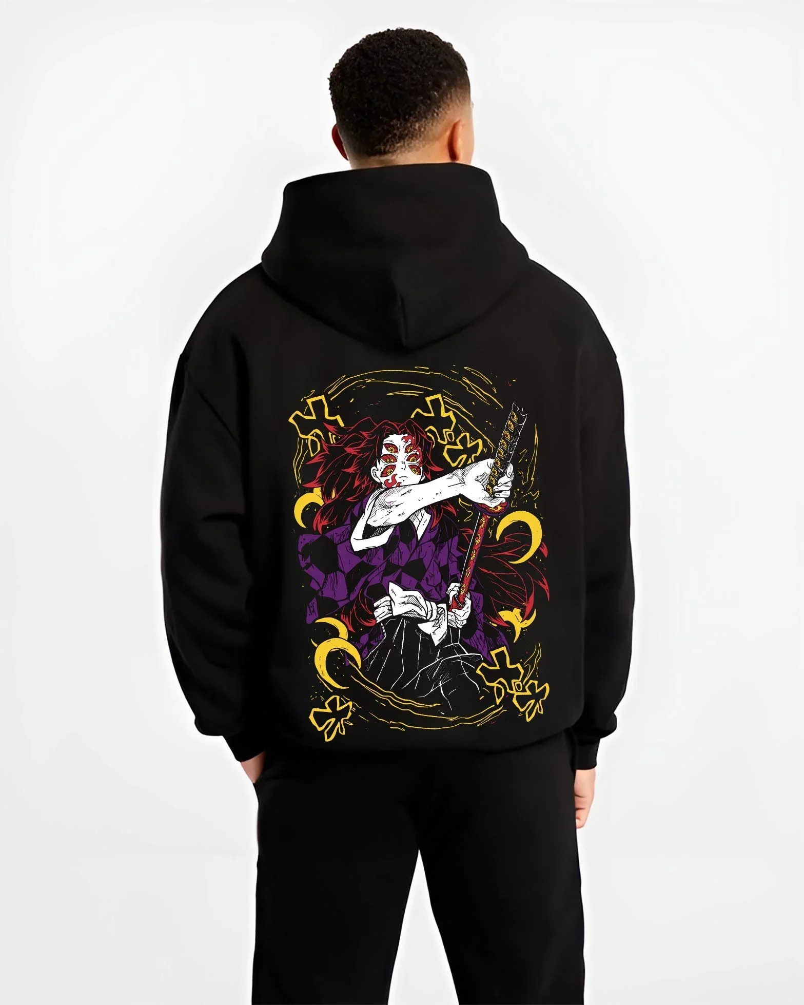 Black hoodie worn by male model, back view with Kimetsu no Yaiba Hoodie Upper Moon Kokushibo Crescent graphic premium wear.