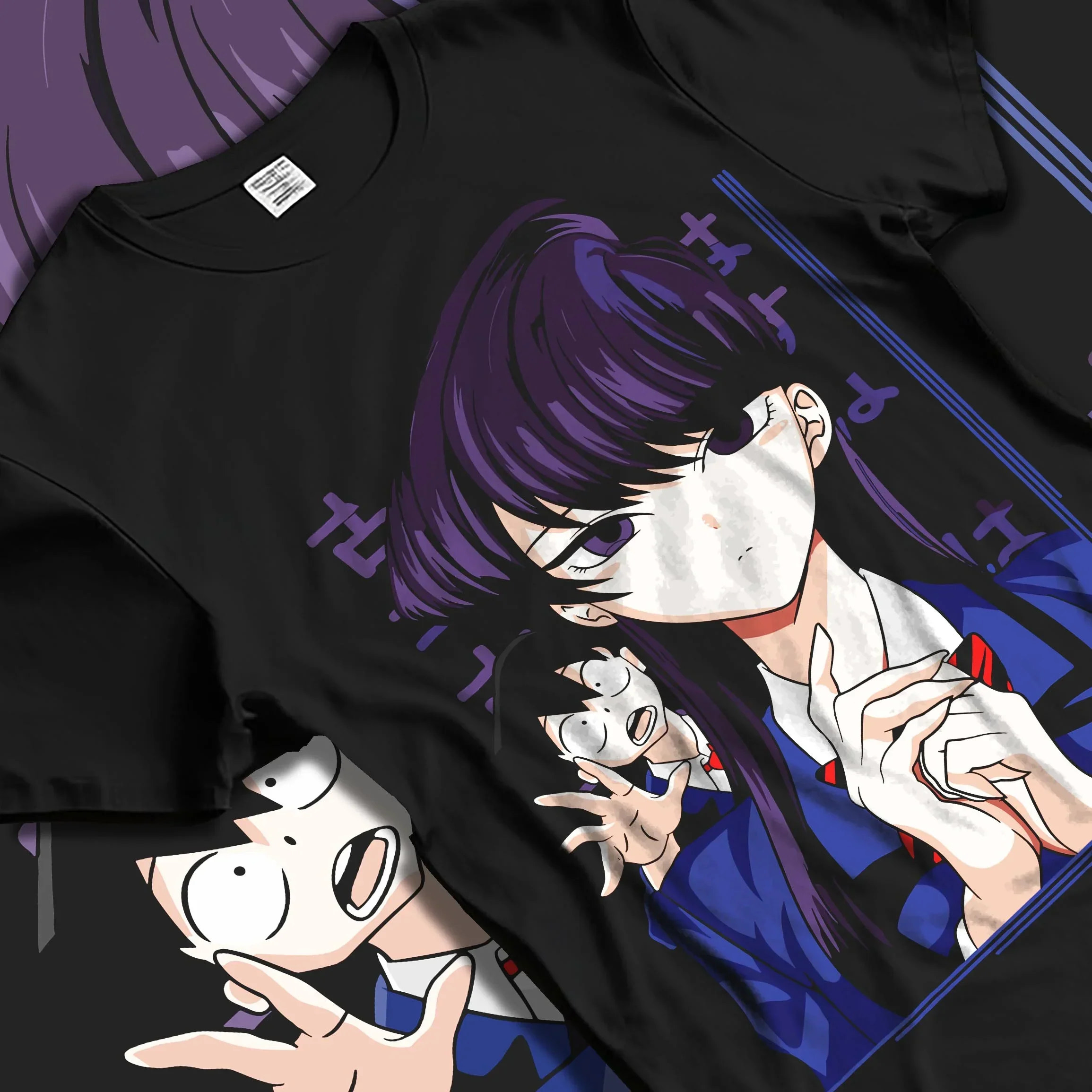Black T-shirt laid flat with natural folds with Komi Can’t Communicate Hoodie Shouko Komi School Uniform graphic streetwear graphic.