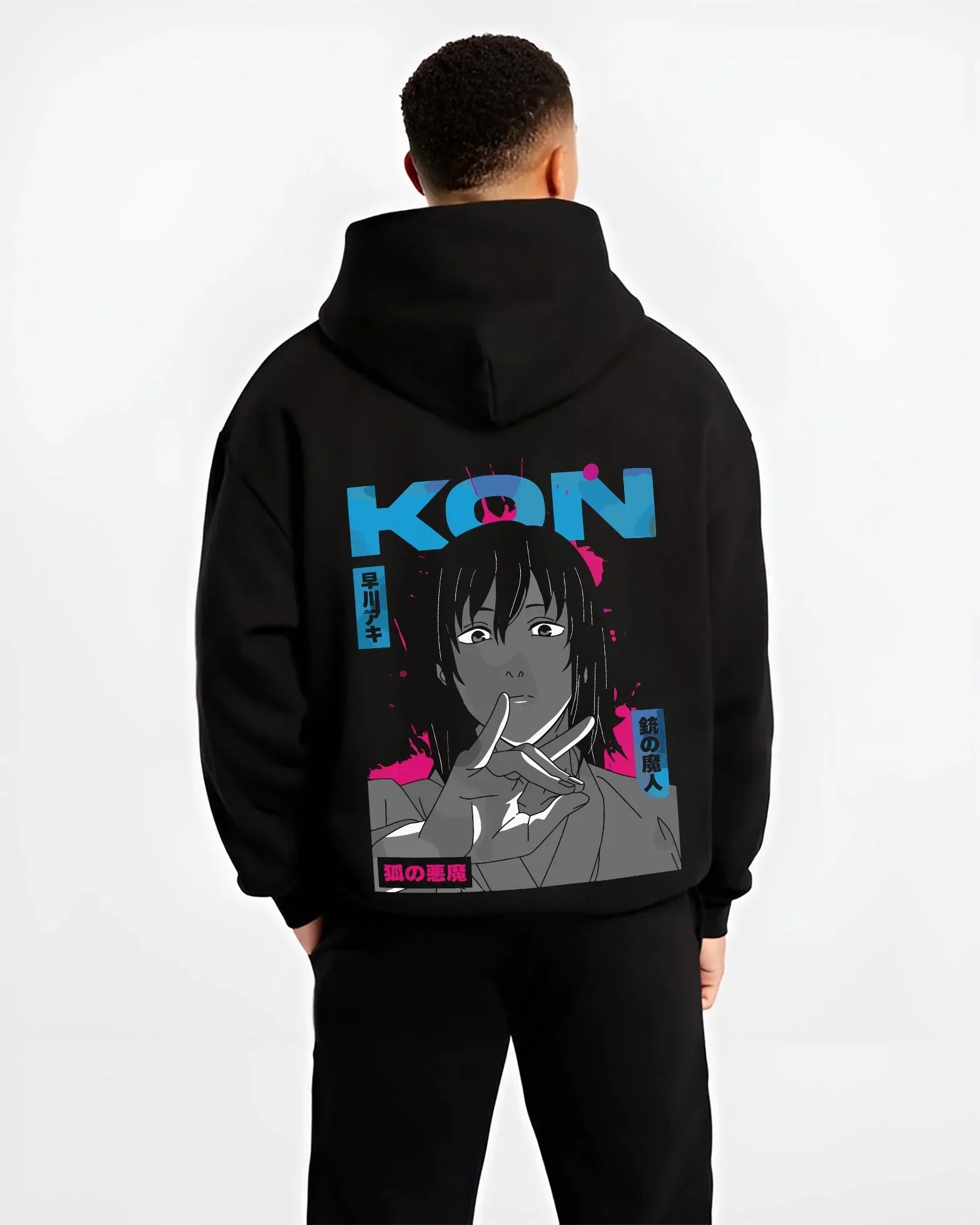 Black hoodie worn by male model, back view with Chainsaw Man Hoodie Aki Hayakawa Calm Determined Look graphic premium wear.