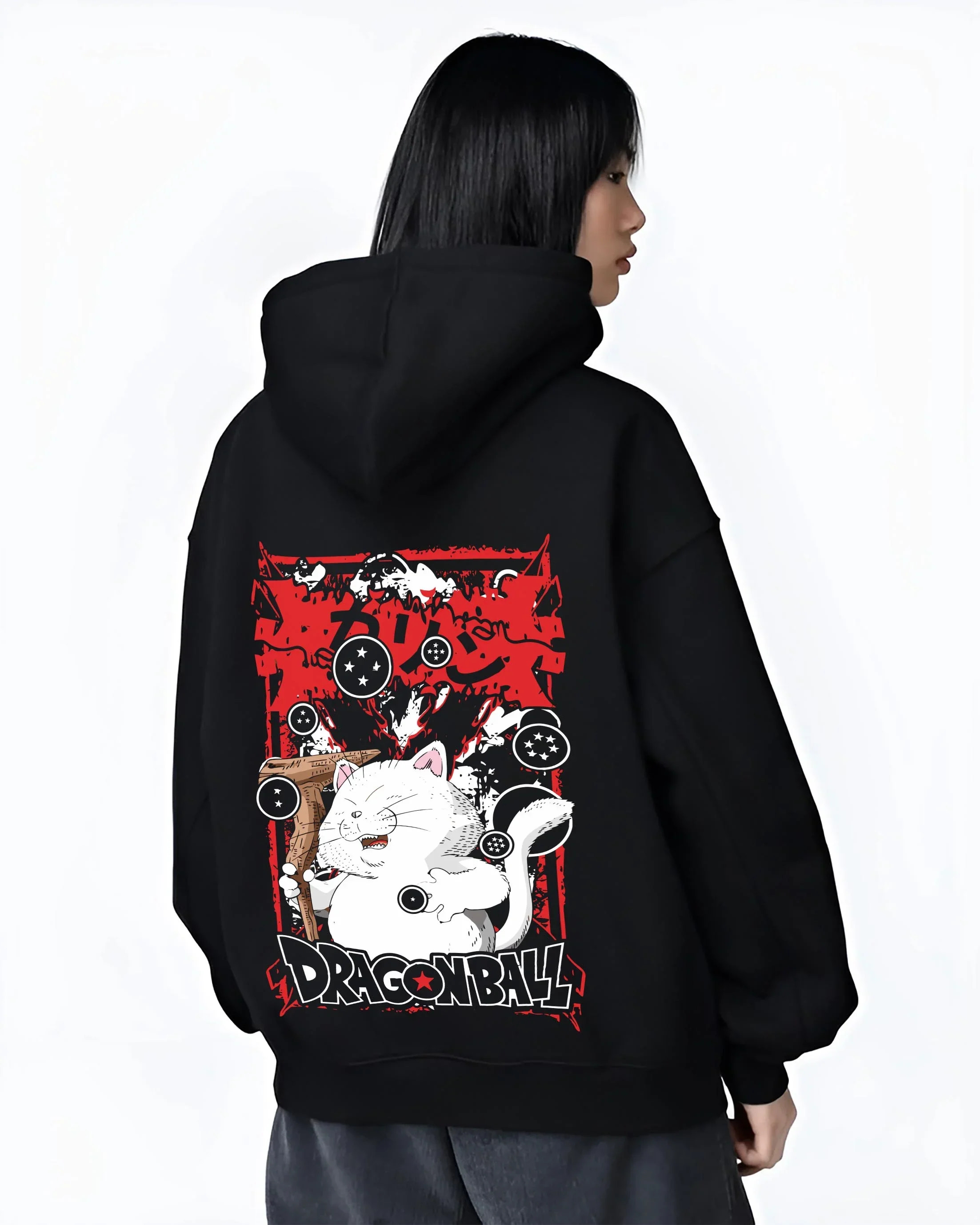 Black hoodie worn by female model, back view with Dragon Ball Hoodie Korin Tower Guardian Cat graphic premium wear.