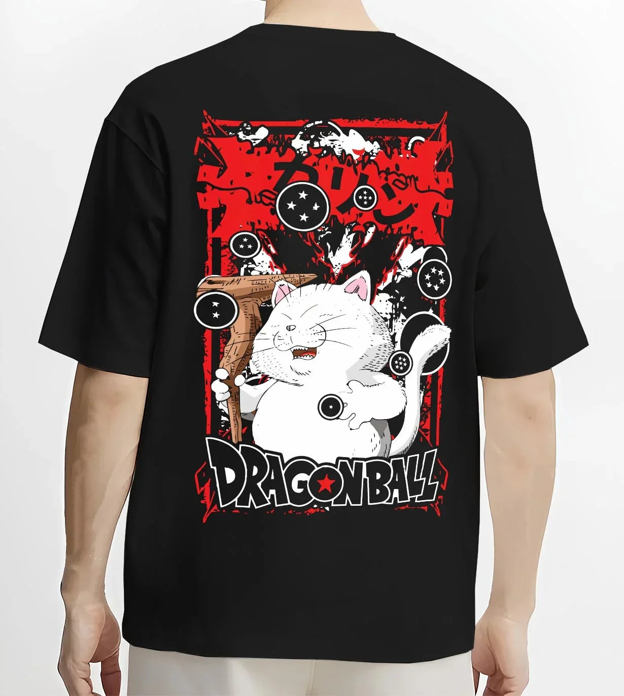 Black T-shirt worn by male model, back view with Dragon Ball Hoodie Korin Tower Guardian Cat graphic streetwear graphic.