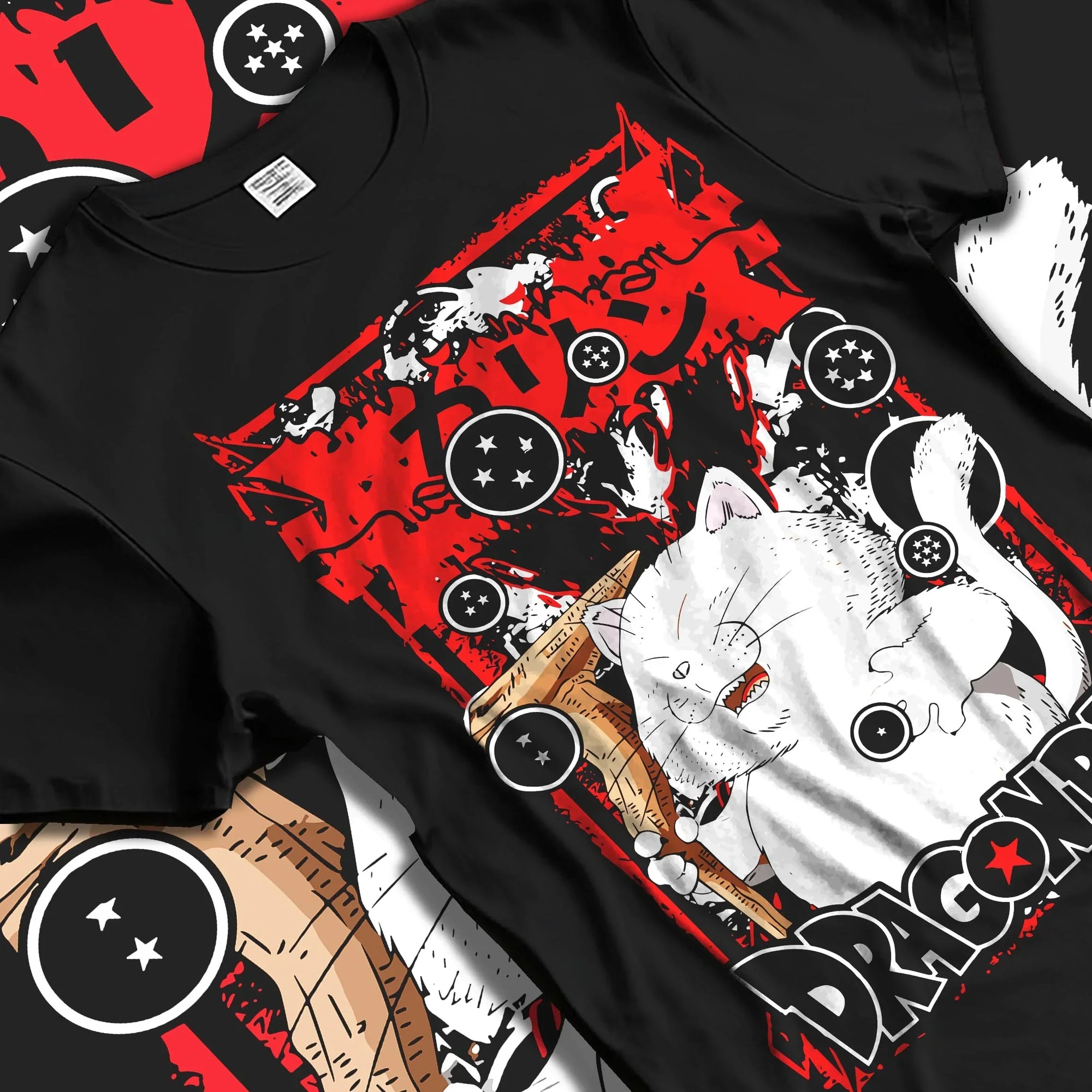 Black T-shirt laid flat with natural folds with Dragon Ball Hoodie Korin Tower Guardian Cat graphic premium wear.