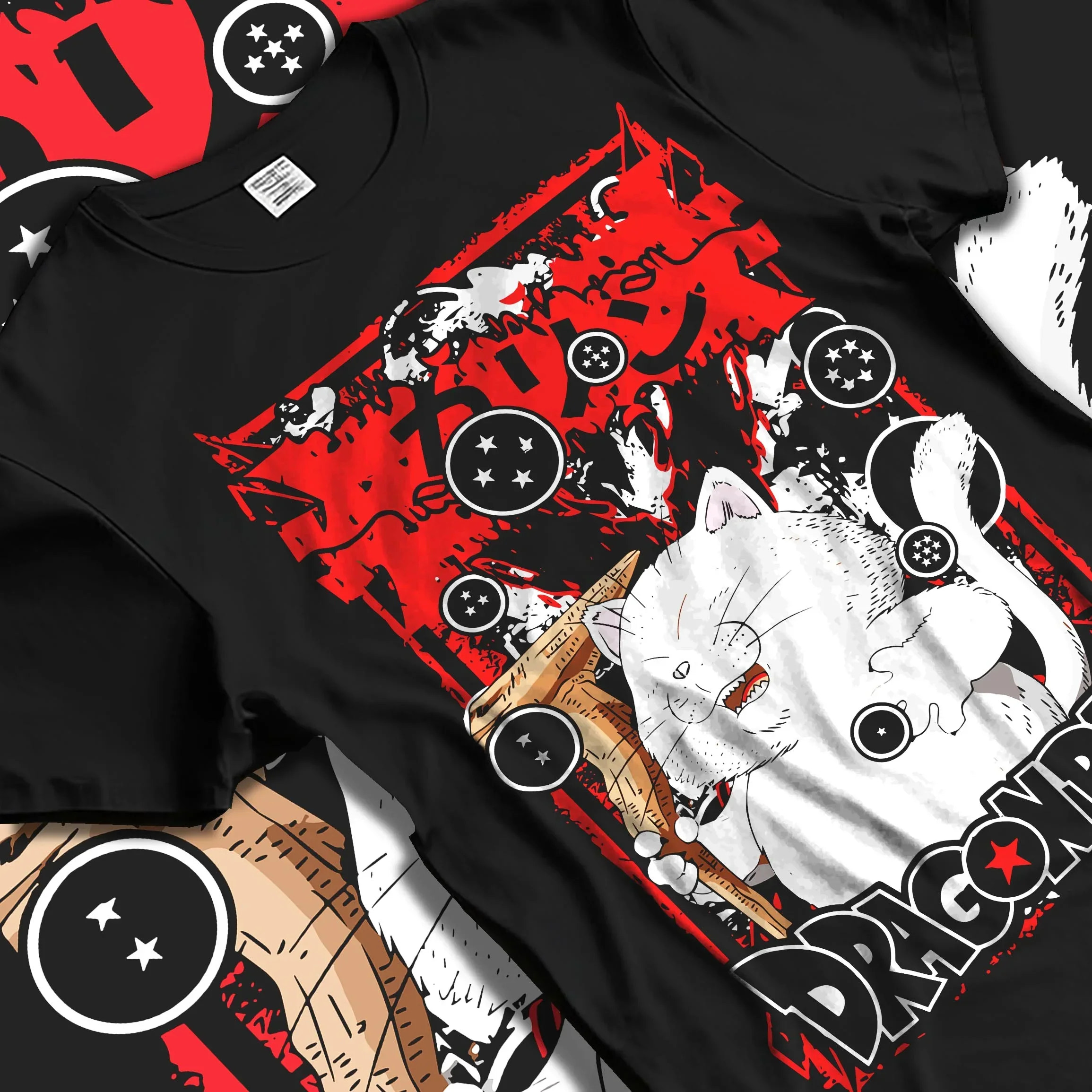 Black T-shirt laid flat with natural folds with Dragon Ball Hoodie Korin Tower Guardian Cat graphic premium wear.